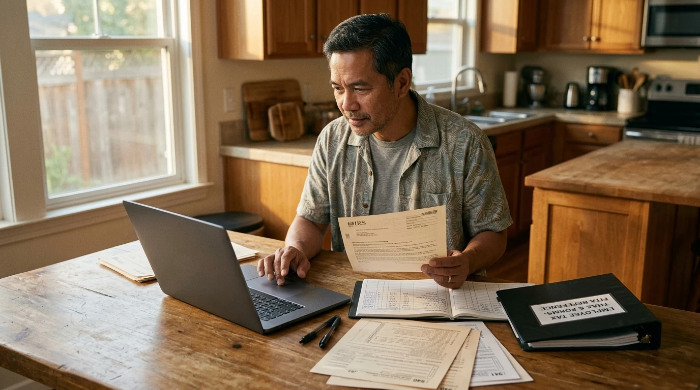 A person at home reviewing paperwork about 941 vs 940 Back Taxes.