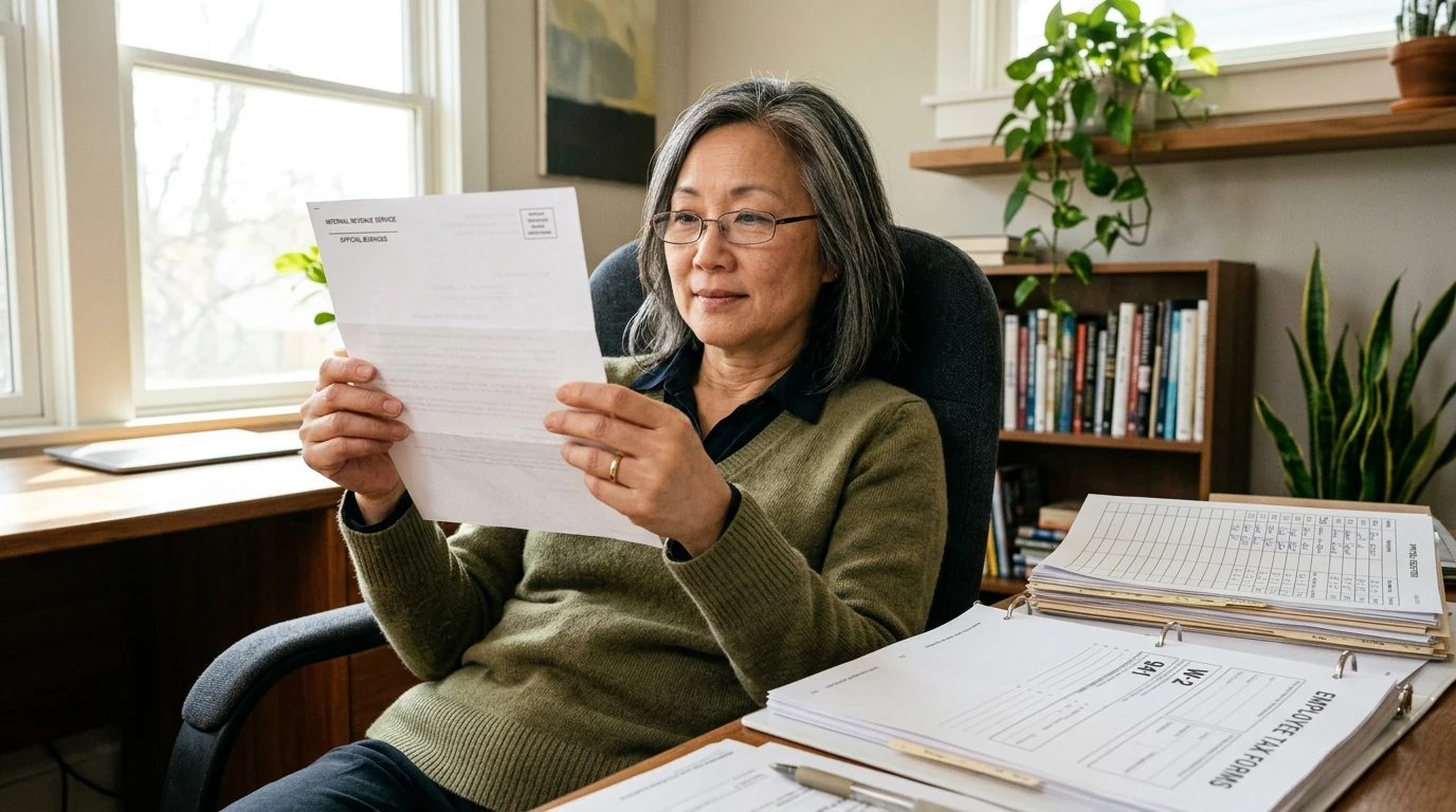 A person at home reviewing paperwork about Am I Personally Liable for Payroll Taxes.