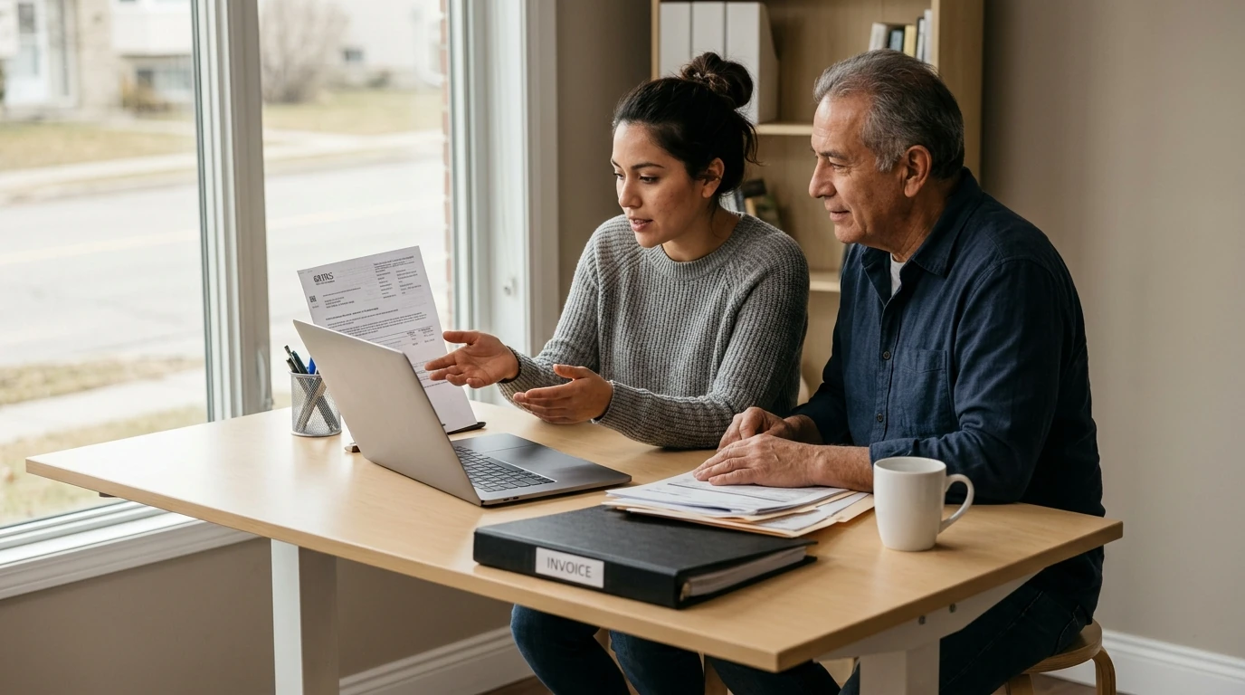 A person at home reviewing paperwork about Tax Relief for Small Business.