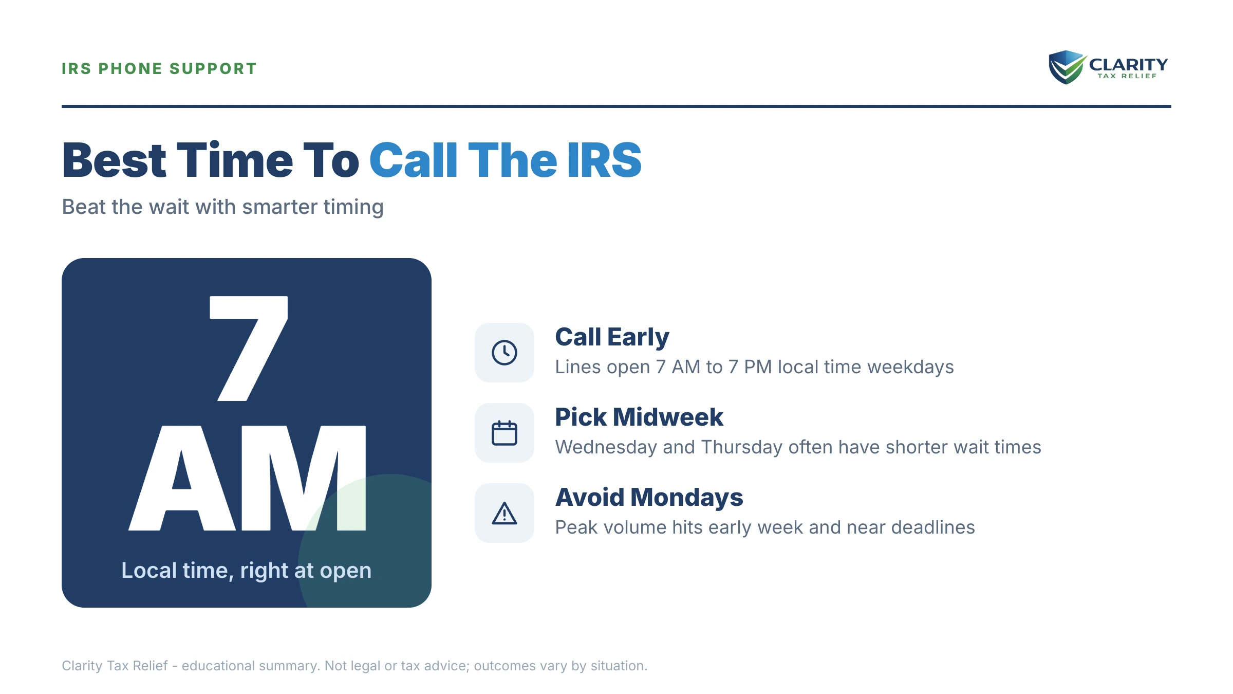 Infographic: key facts and deadlines about Best Time to Call the IRS in 2026 (and How to Skip the Hold).