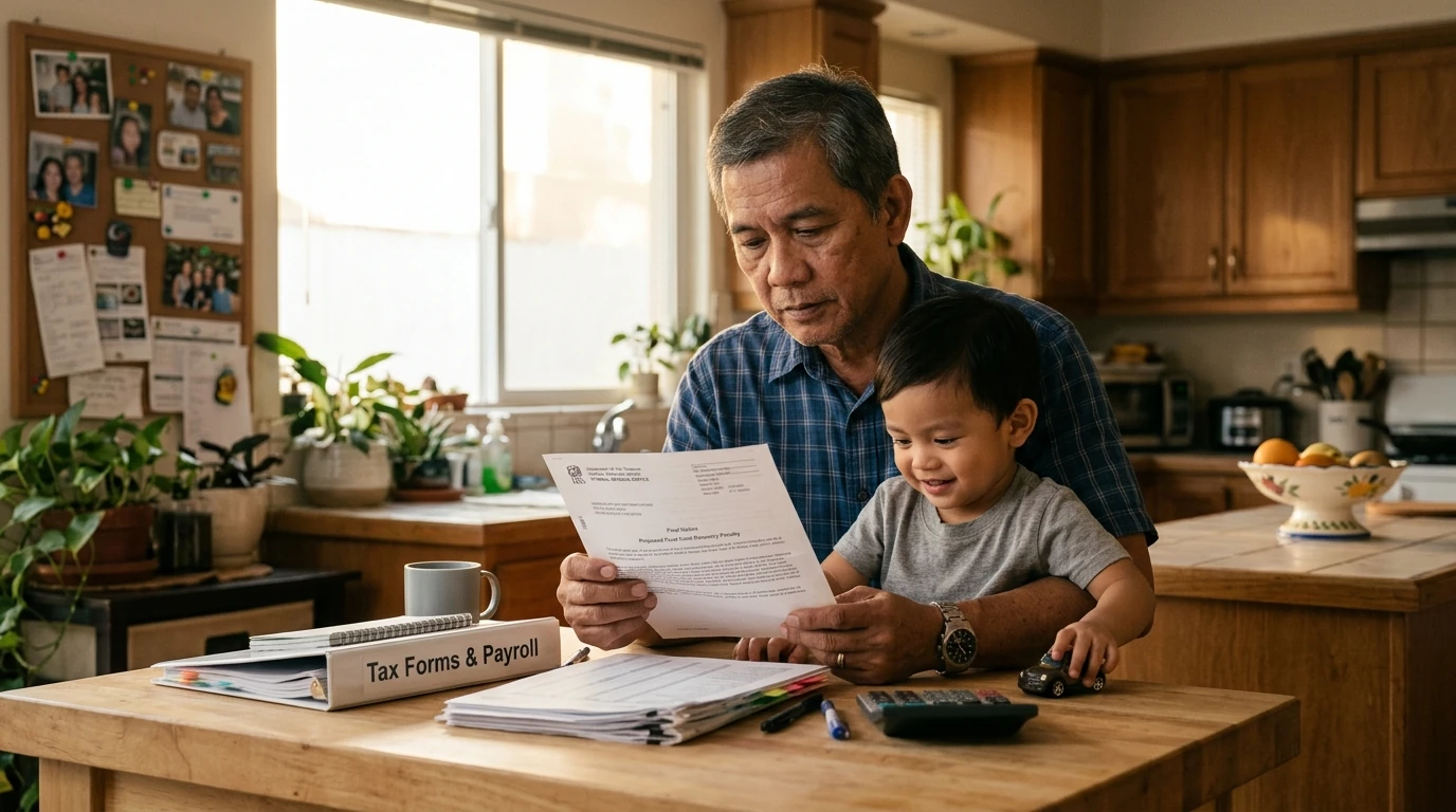 A person at home reviewing paperwork about Bookkeeper Personally Liable to the IRS.