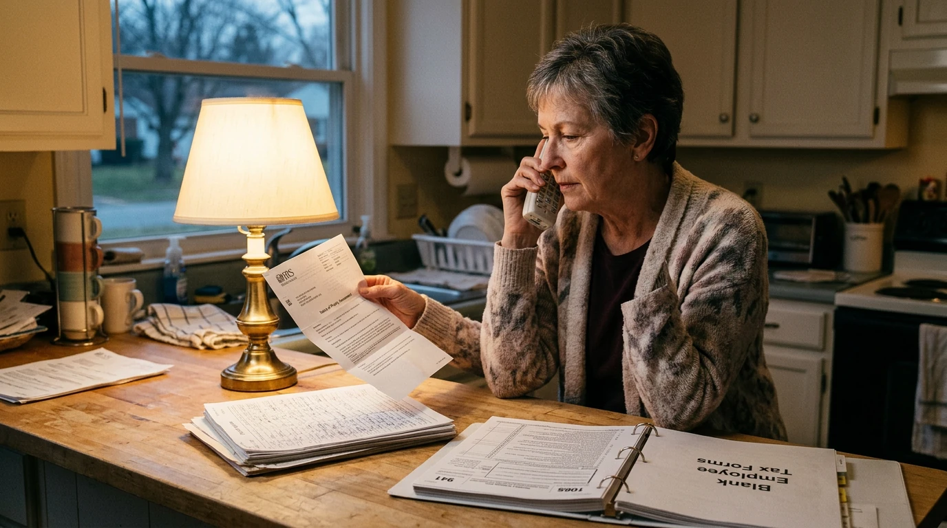 A person at home reviewing paperwork about Business Penalty Abatement.
