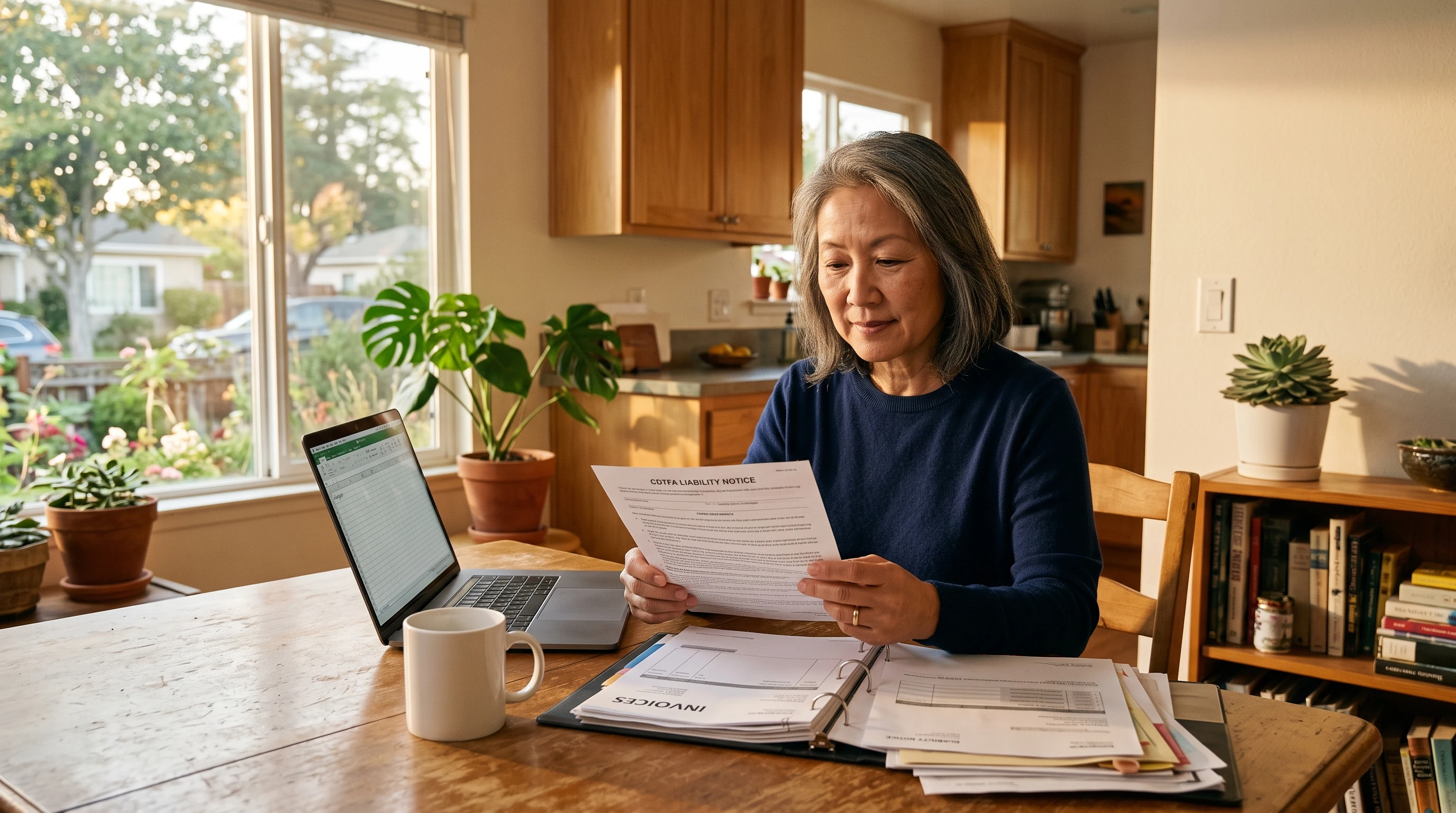 A person at home reviewing paperwork about California Back Sales Tax.