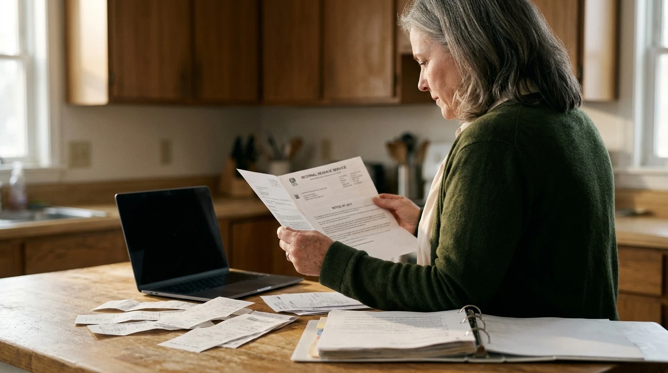 A person at home reviewing paperwork about Can the IRS Garnish 1099 Income.