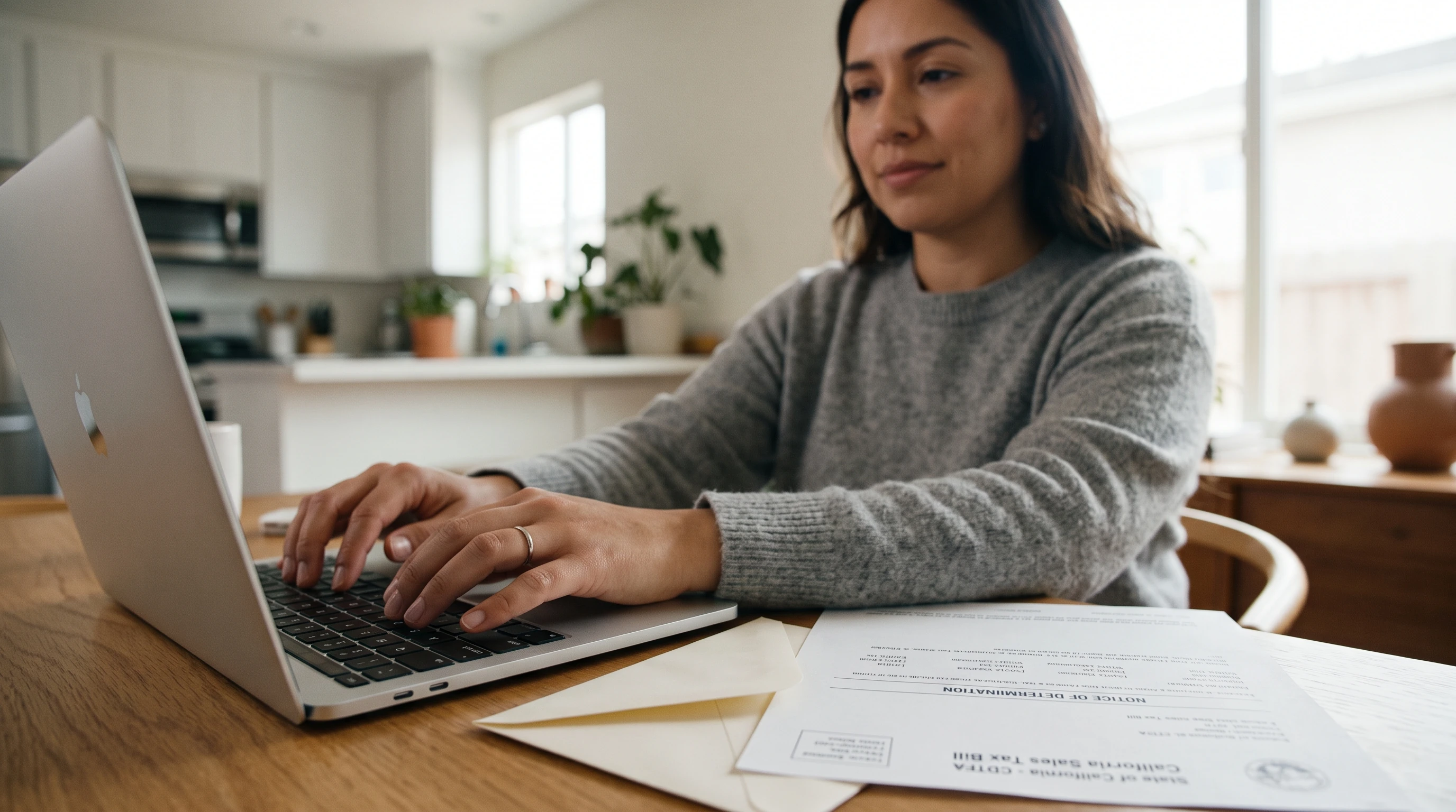 A person at home reviewing paperwork about CDTFA Notice of Determination.