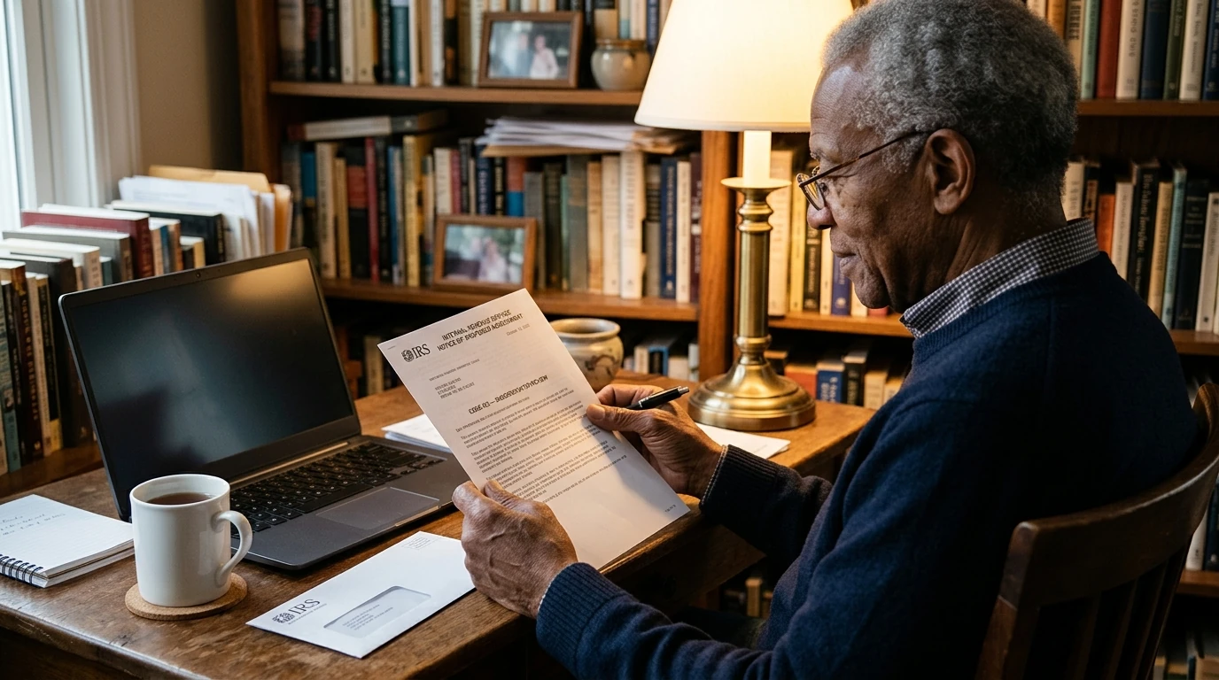 A person reviewing an IRS IRS notice at home.