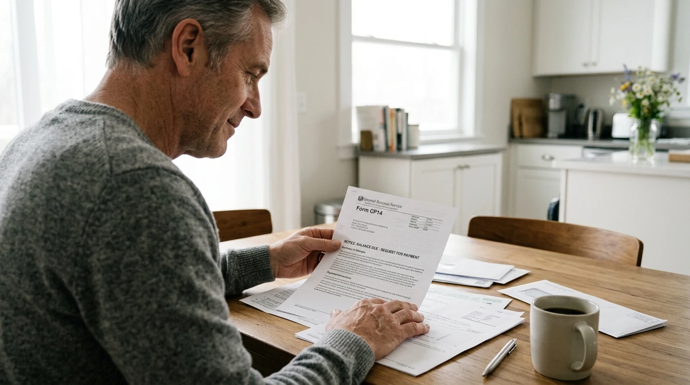 A person reviewing an IRS CP14 notice at home.