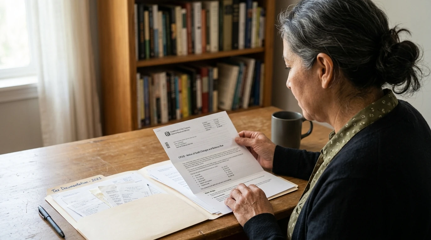 A person reviewing an IRS CP21E notice at home.