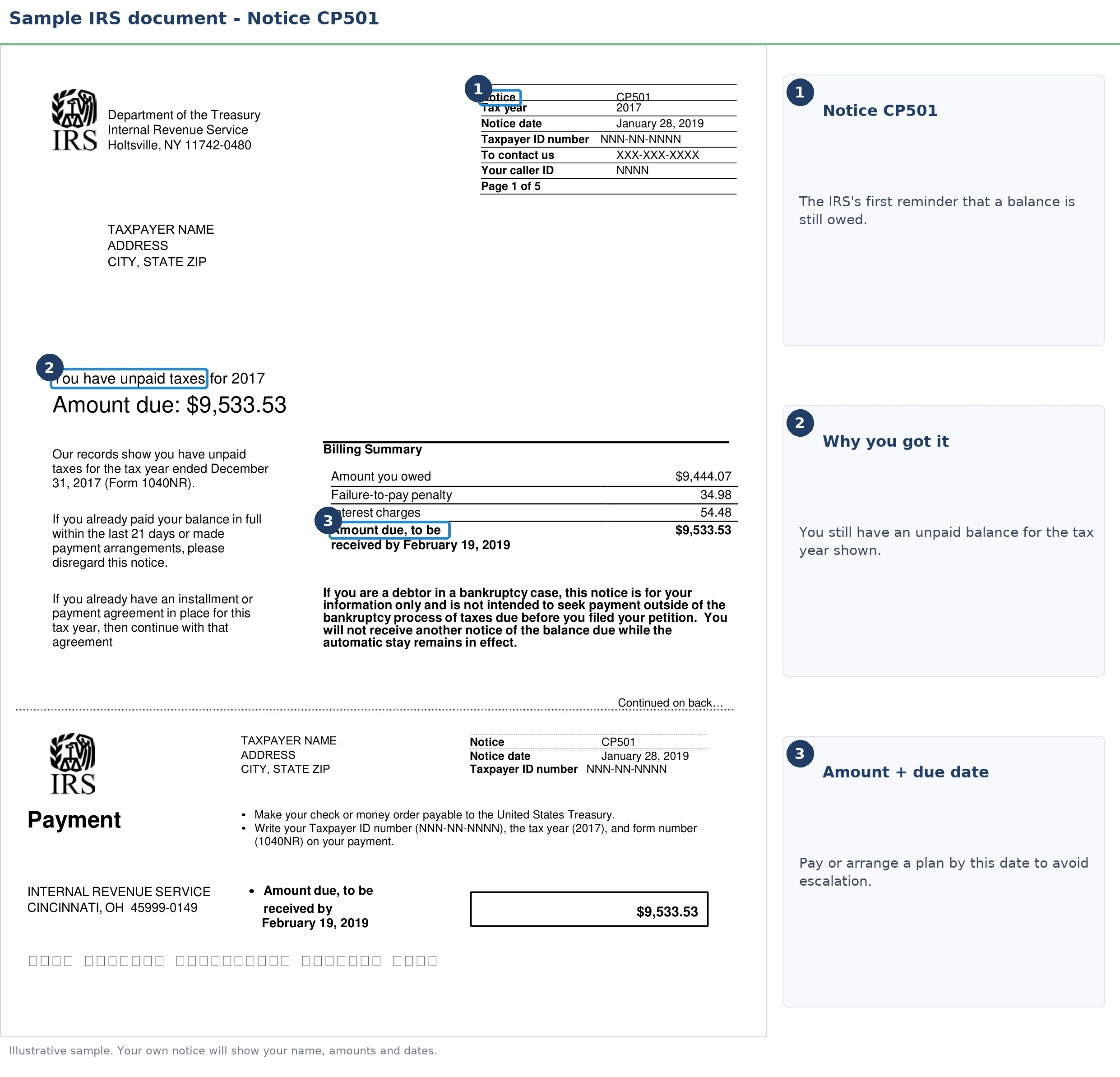 An exact sample of the IRS CP501 notice with the key parts highlighted.