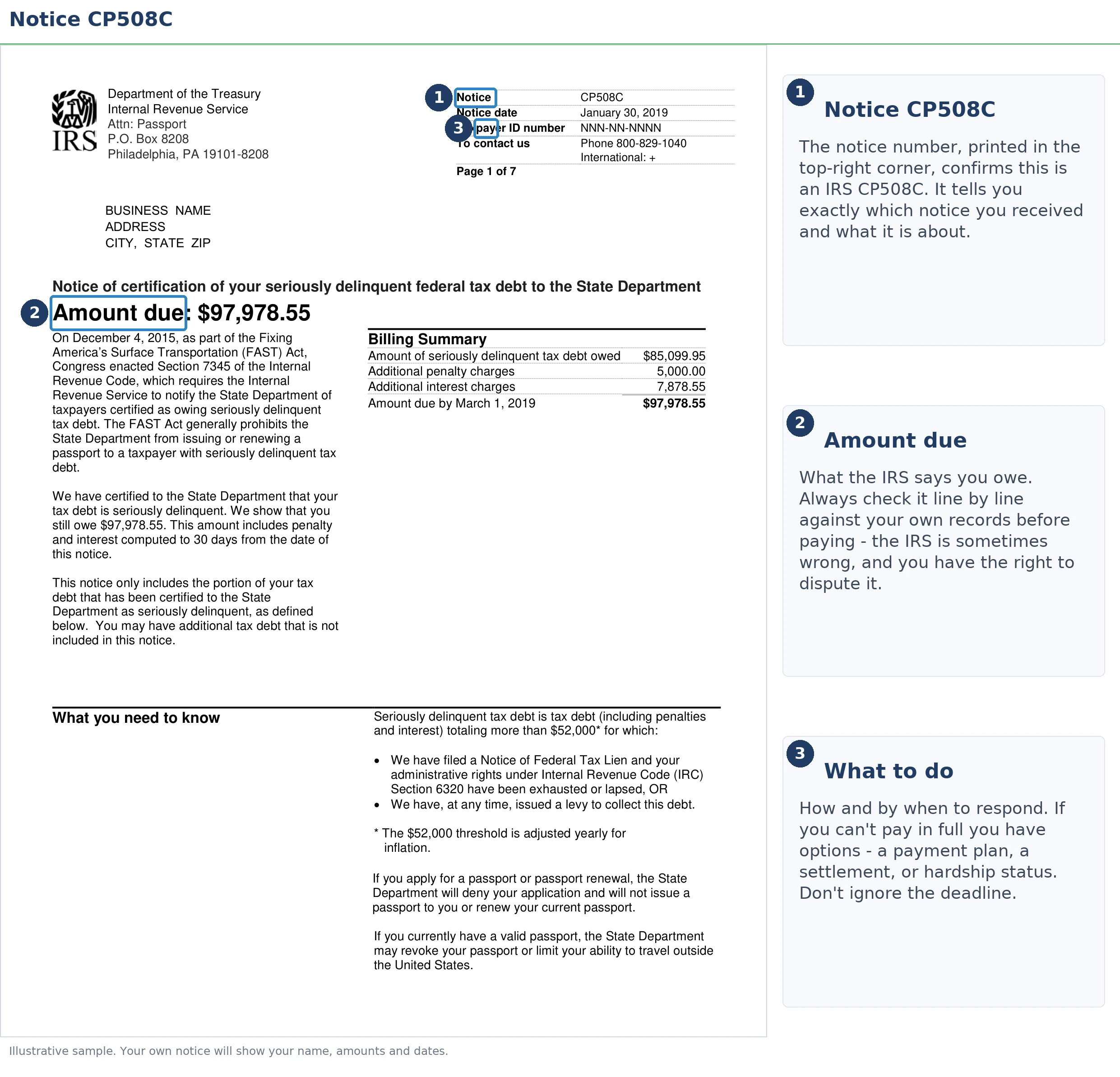 An exact sample of the IRS CP508C notice with the key parts highlighted.