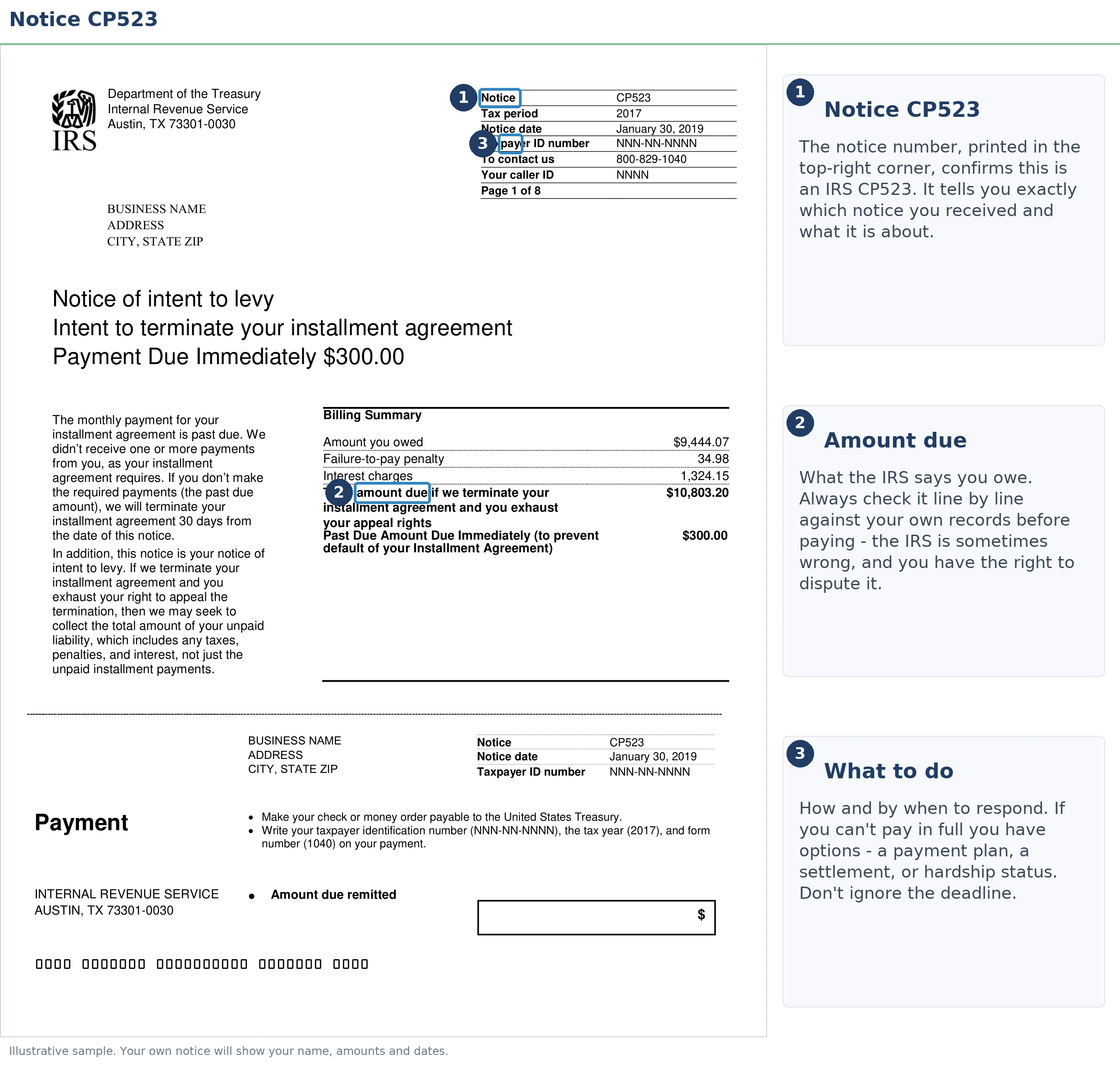 An exact sample of the IRS CP523 notice with the key parts highlighted.