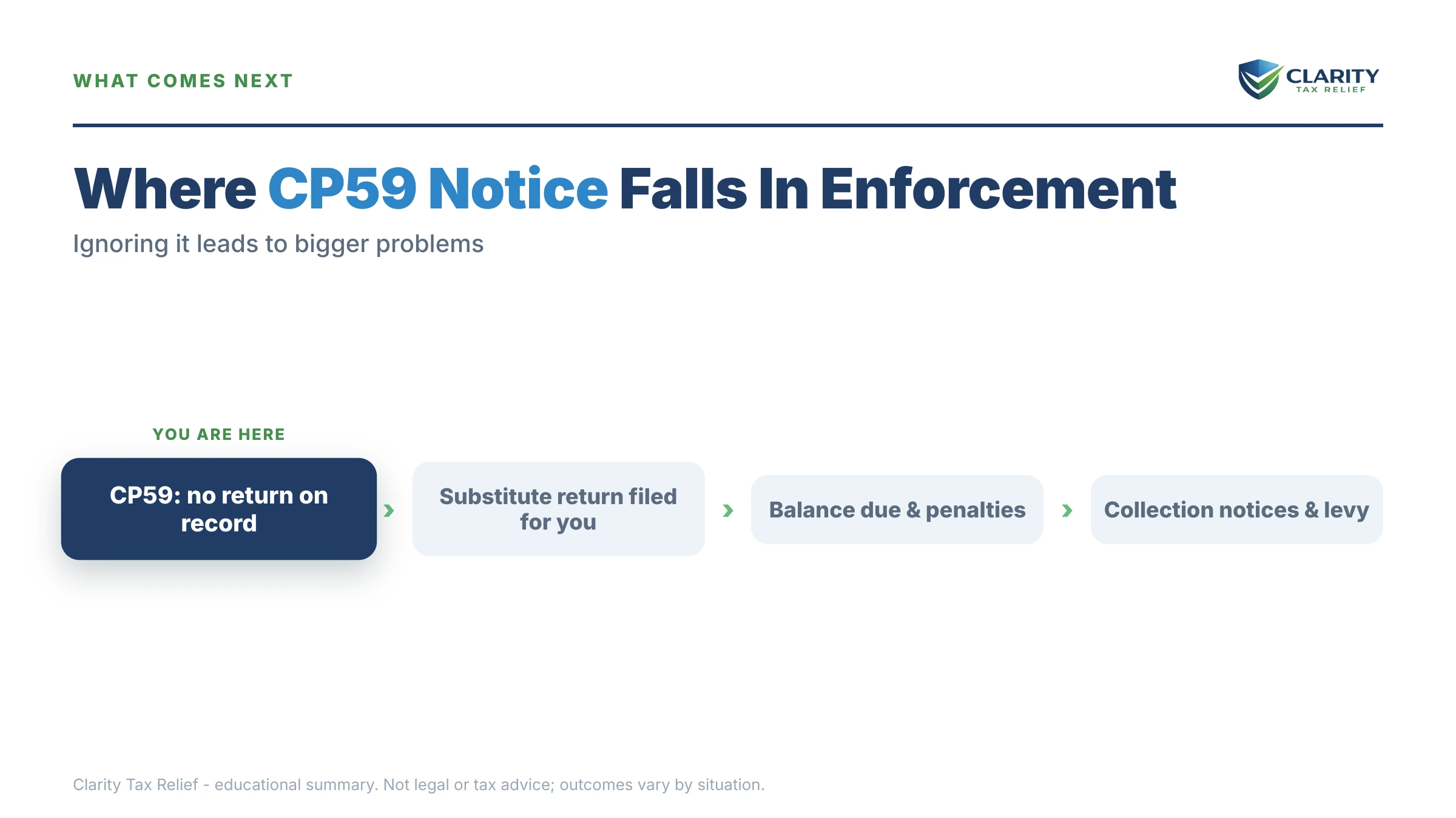 Infographic: the IRS CP59 notice timeline, costs and options mapped out.
