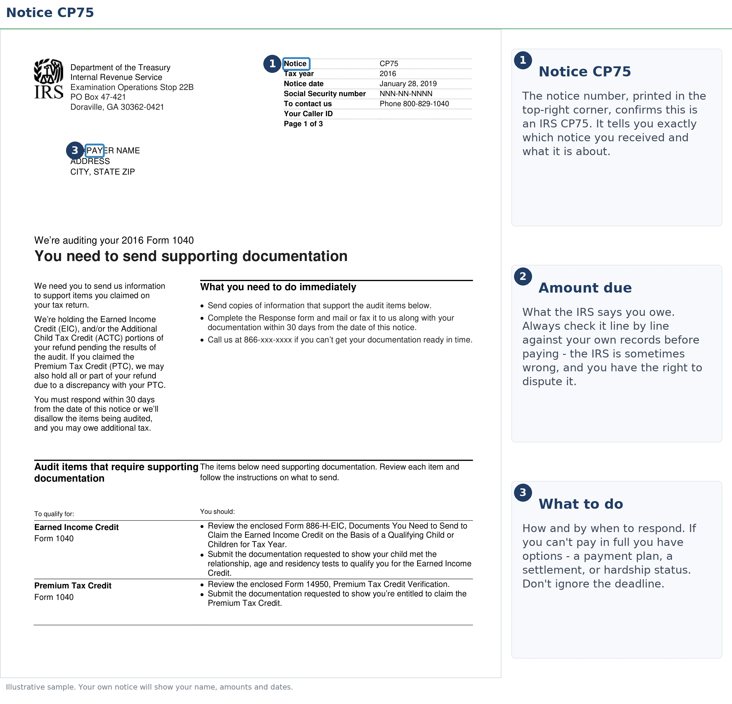 An exact sample of the IRS CP75 notice with the key parts highlighted.