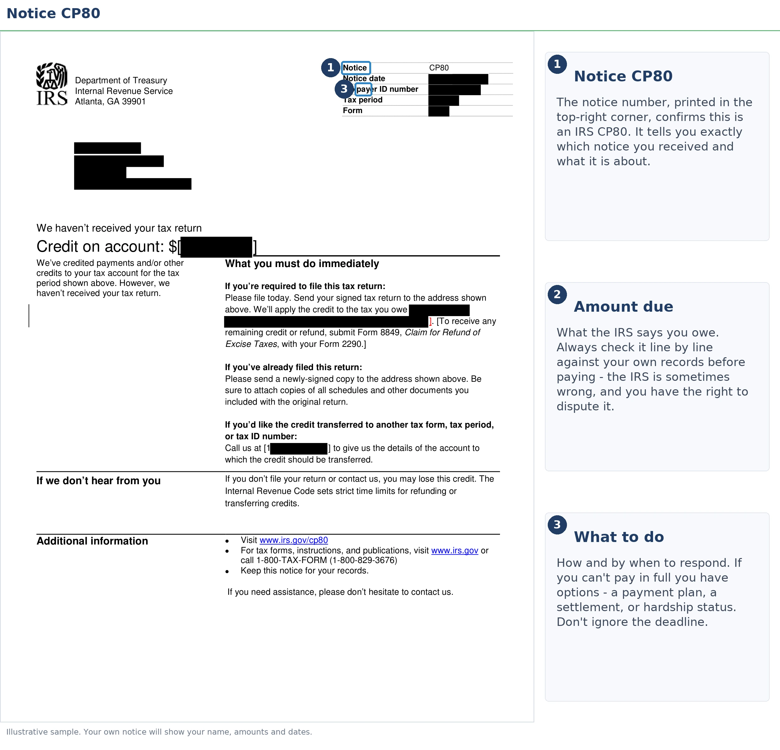 An exact sample of the IRS CP80 notice with the key parts highlighted.