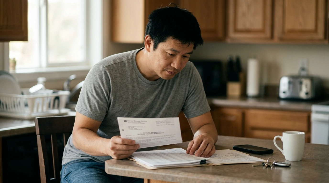 A person reviewing an IRS IRS notice at home.