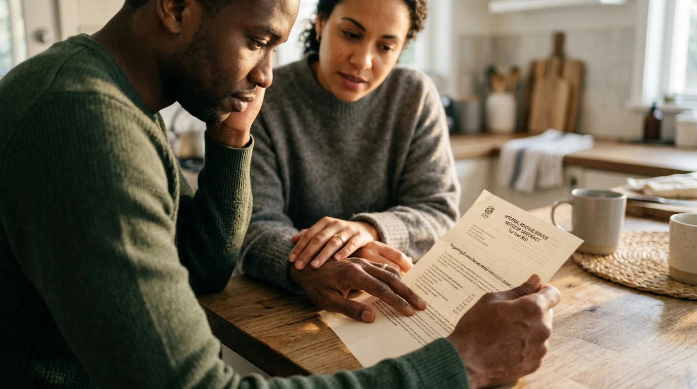 A person at home reviewing paperwork about Divorce Decree IRS Debt.