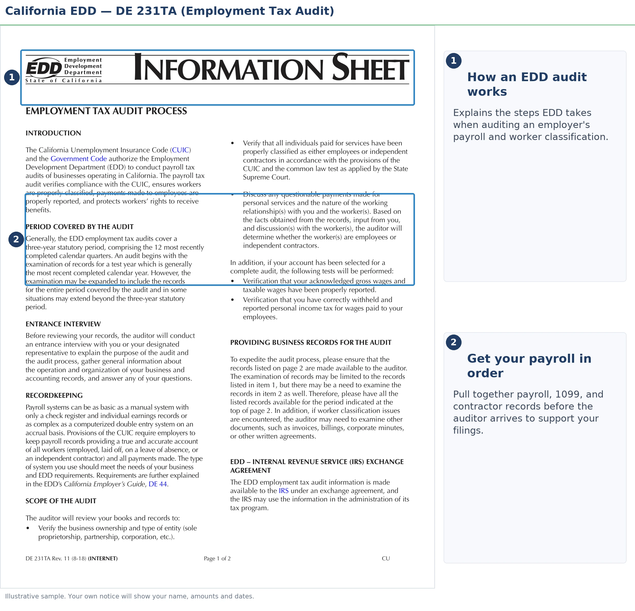 An annotated sample document for California EDD Payroll Tax Audit, with the key parts highlighted.