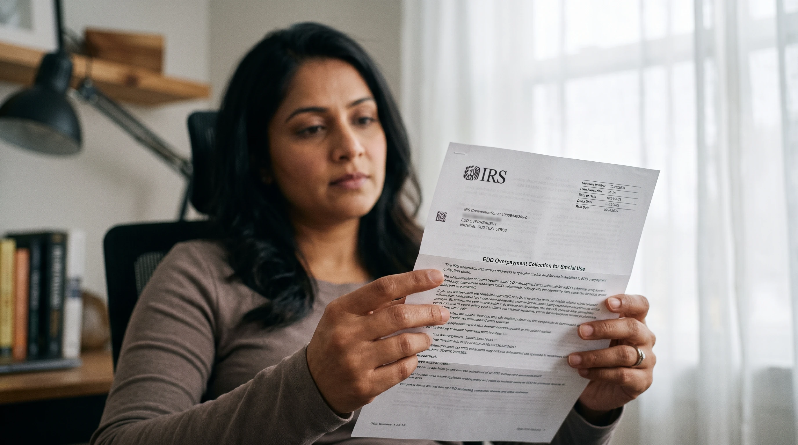 A person at home reviewing paperwork about EDD Overpayment Collection.