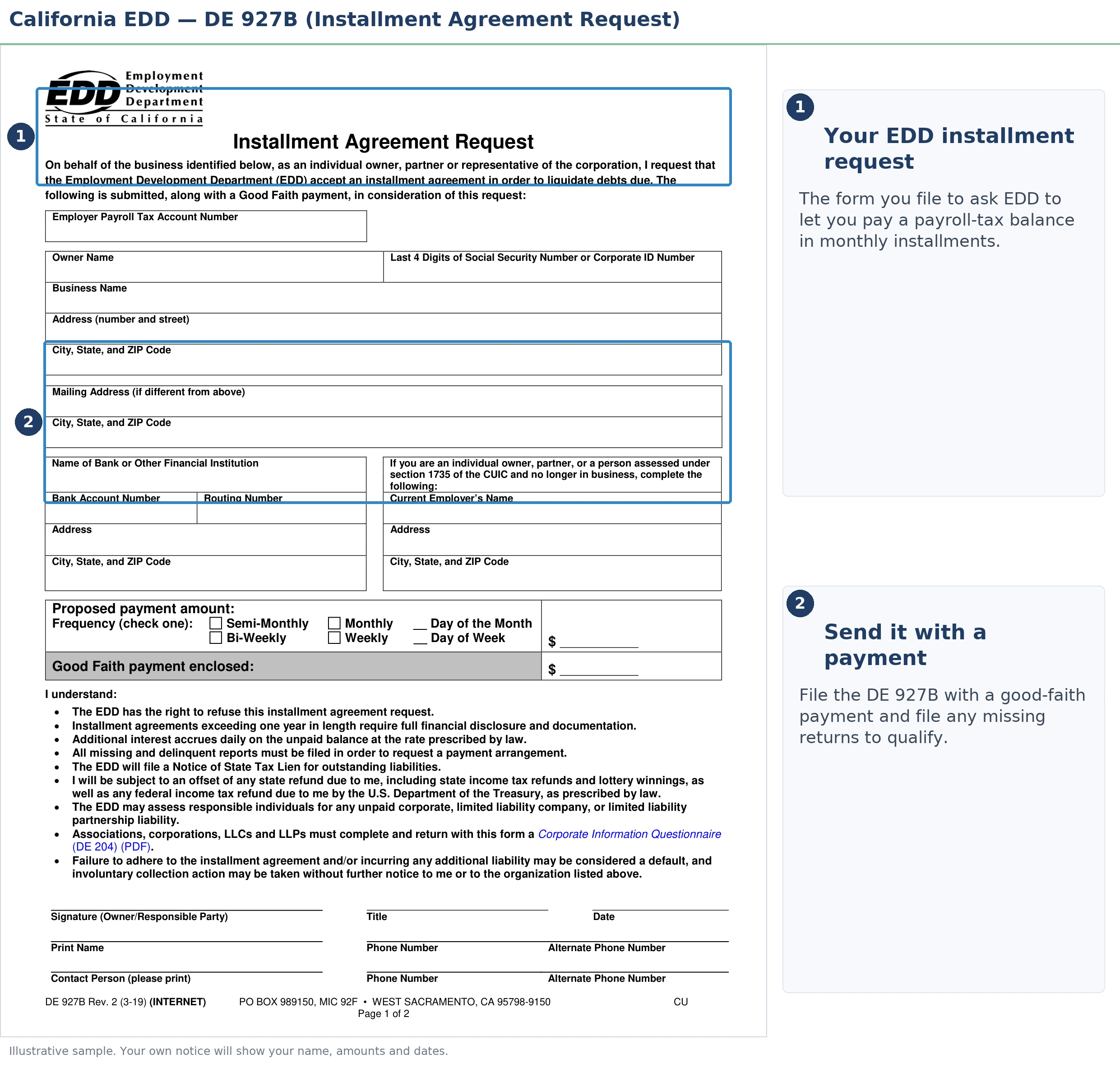 An annotated sample document for EDD Payment Plan for California Payroll Tax Debt, with the key parts highlighted.