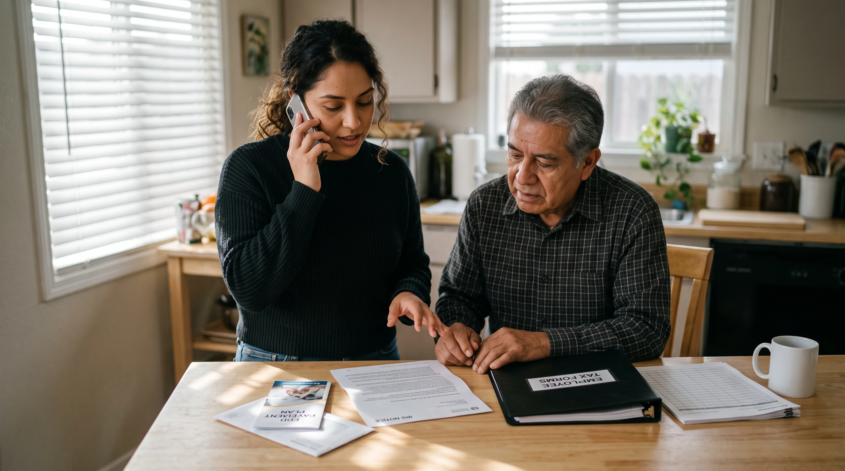 A person at home reviewing paperwork about EDD Payment Plan for California Payroll Tax Debt.
