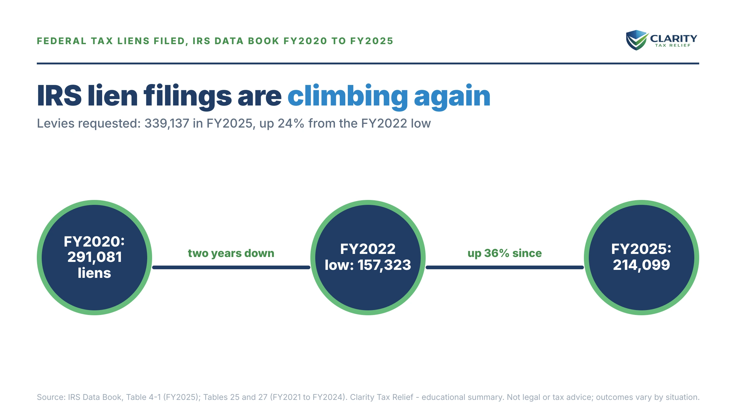 Infographic: key facts and deadlines about Federal Tax Liens, Levies and Seizures by Year.