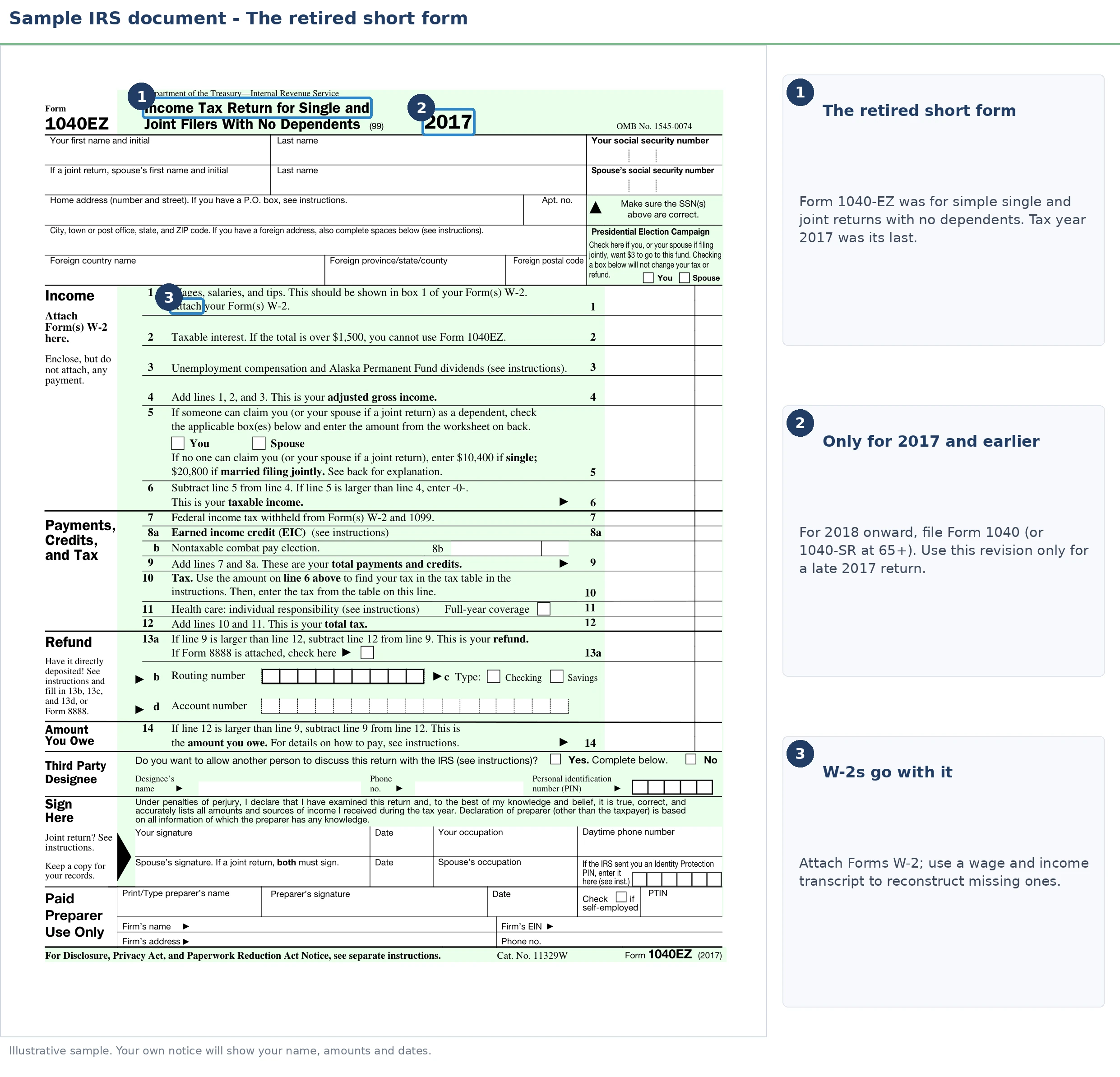 An exact sample of the IRS Form 1040 with the key parts highlighted.