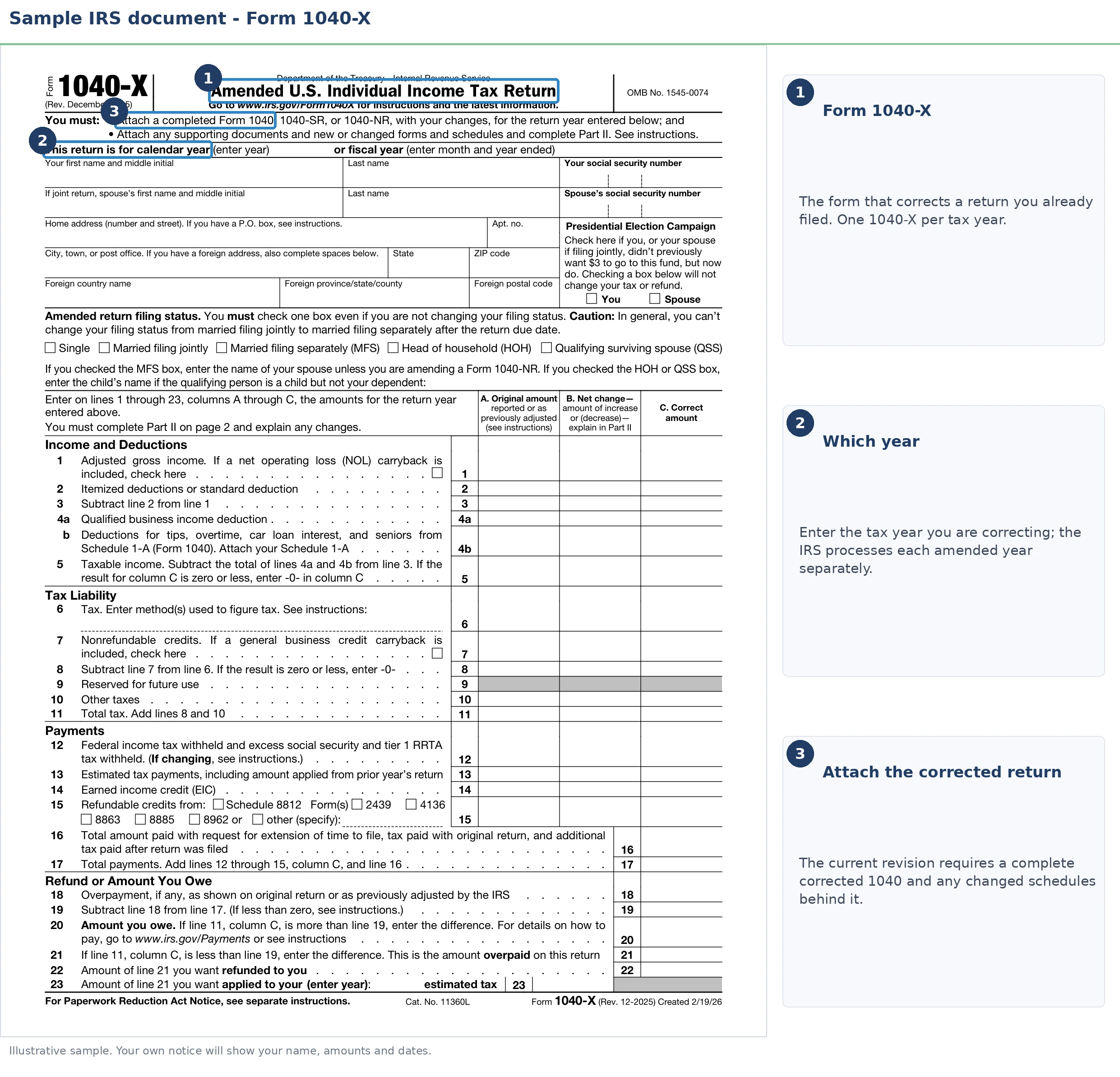 An exact sample of the IRS Form 1040 with the key parts highlighted.