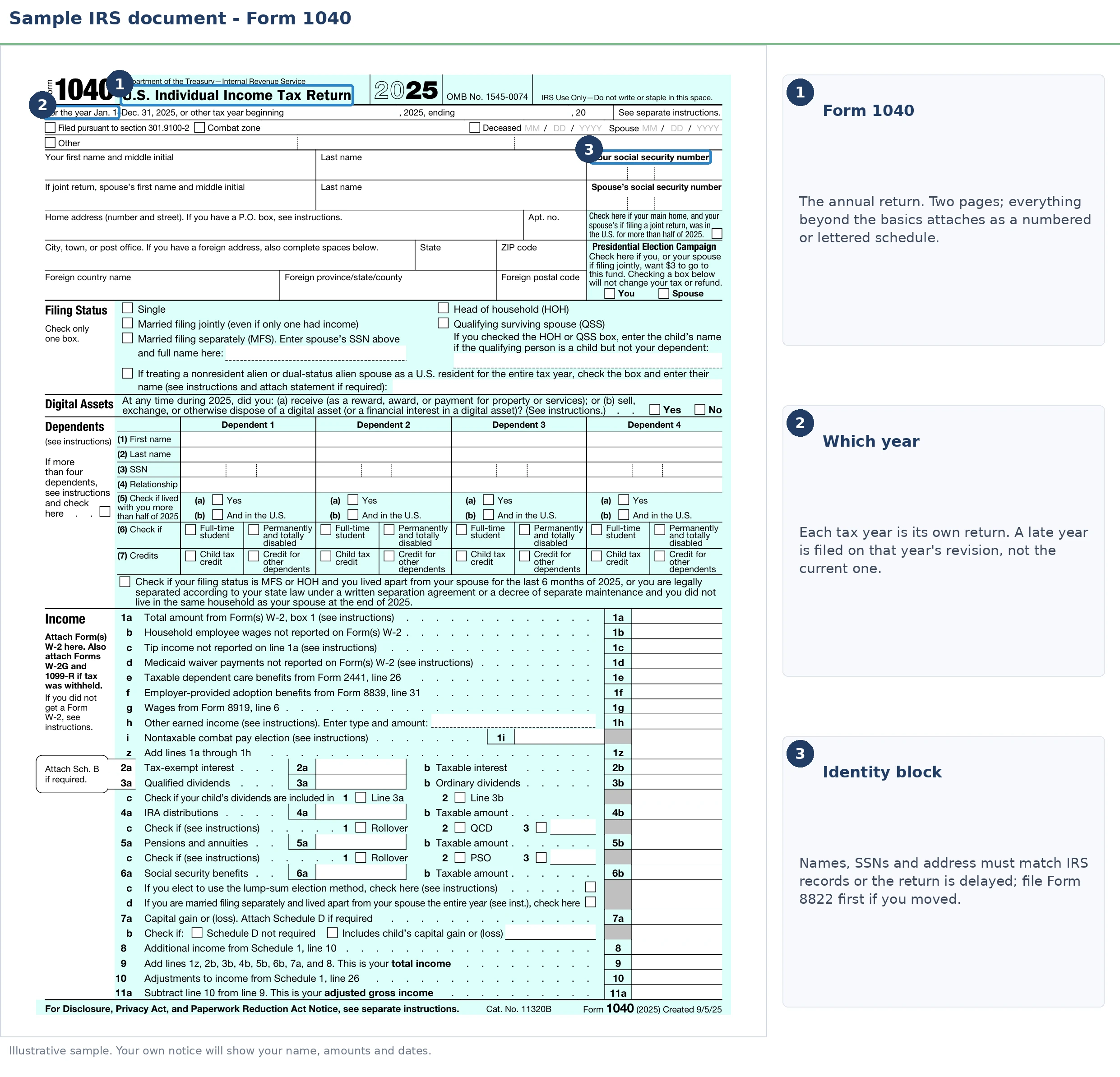 An exact sample of the IRS Form 1040 with the key parts highlighted.