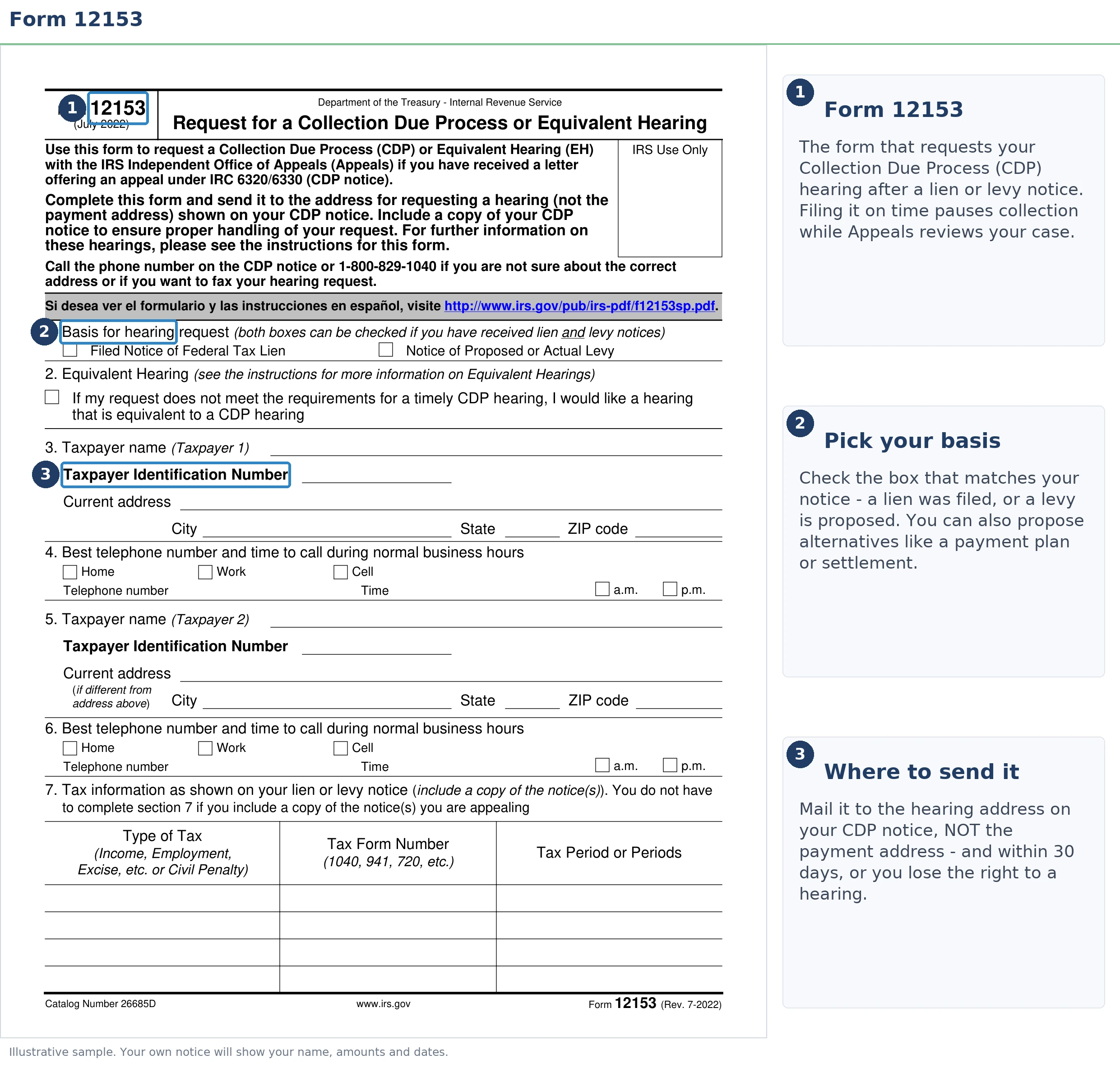 An exact sample of the IRS Form 12153 with the key parts highlighted.