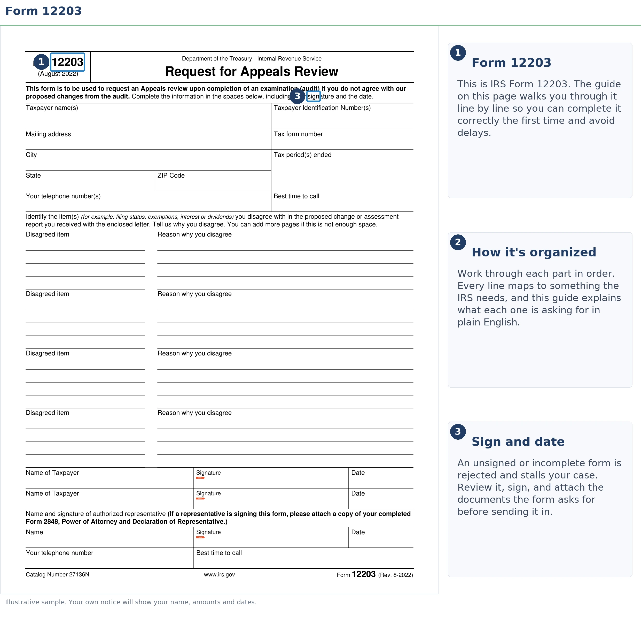 An exact sample of the IRS Form 12203 with the key parts highlighted.