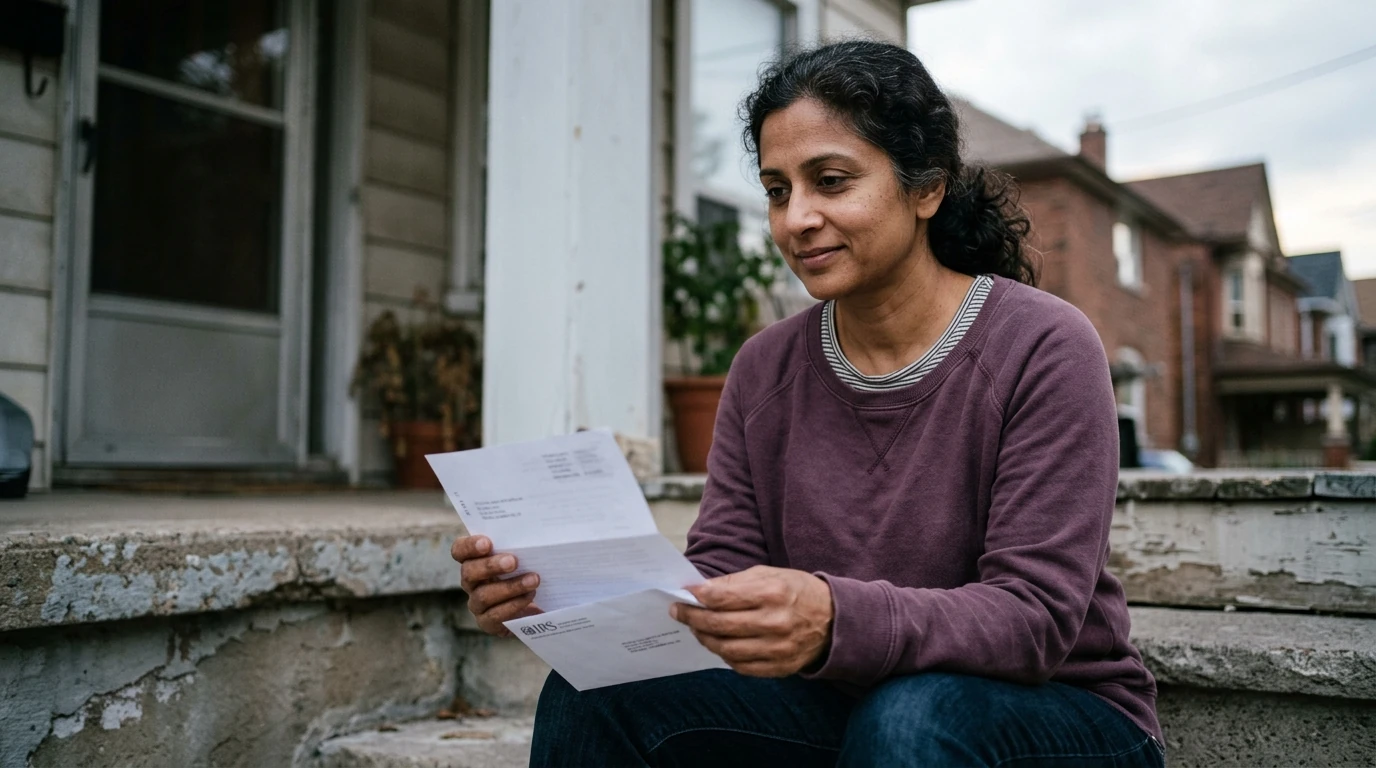 A person reviewing an IRS Form 12203 at home.