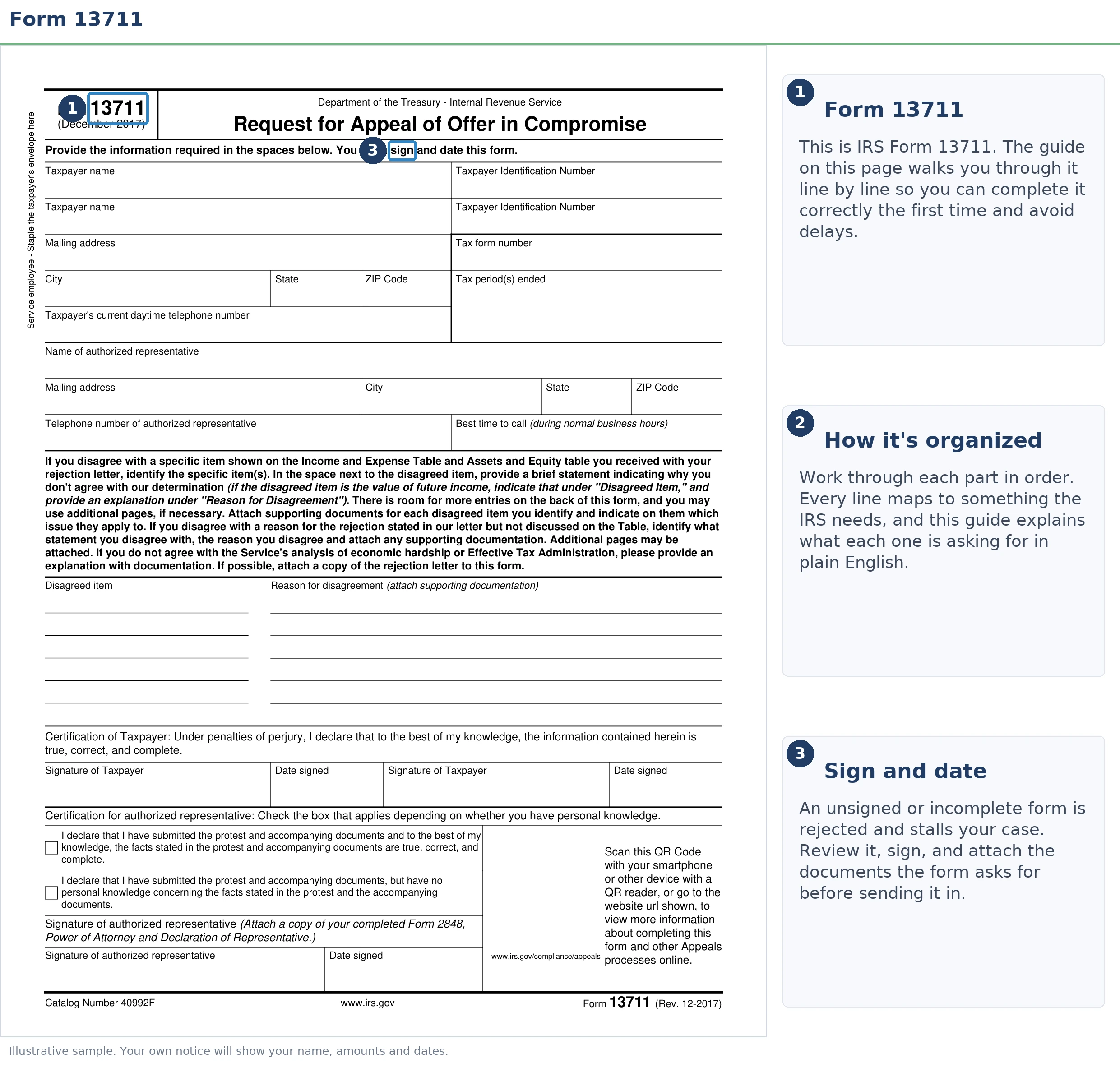 An exact sample of the IRS Form 13711 with the key parts highlighted.