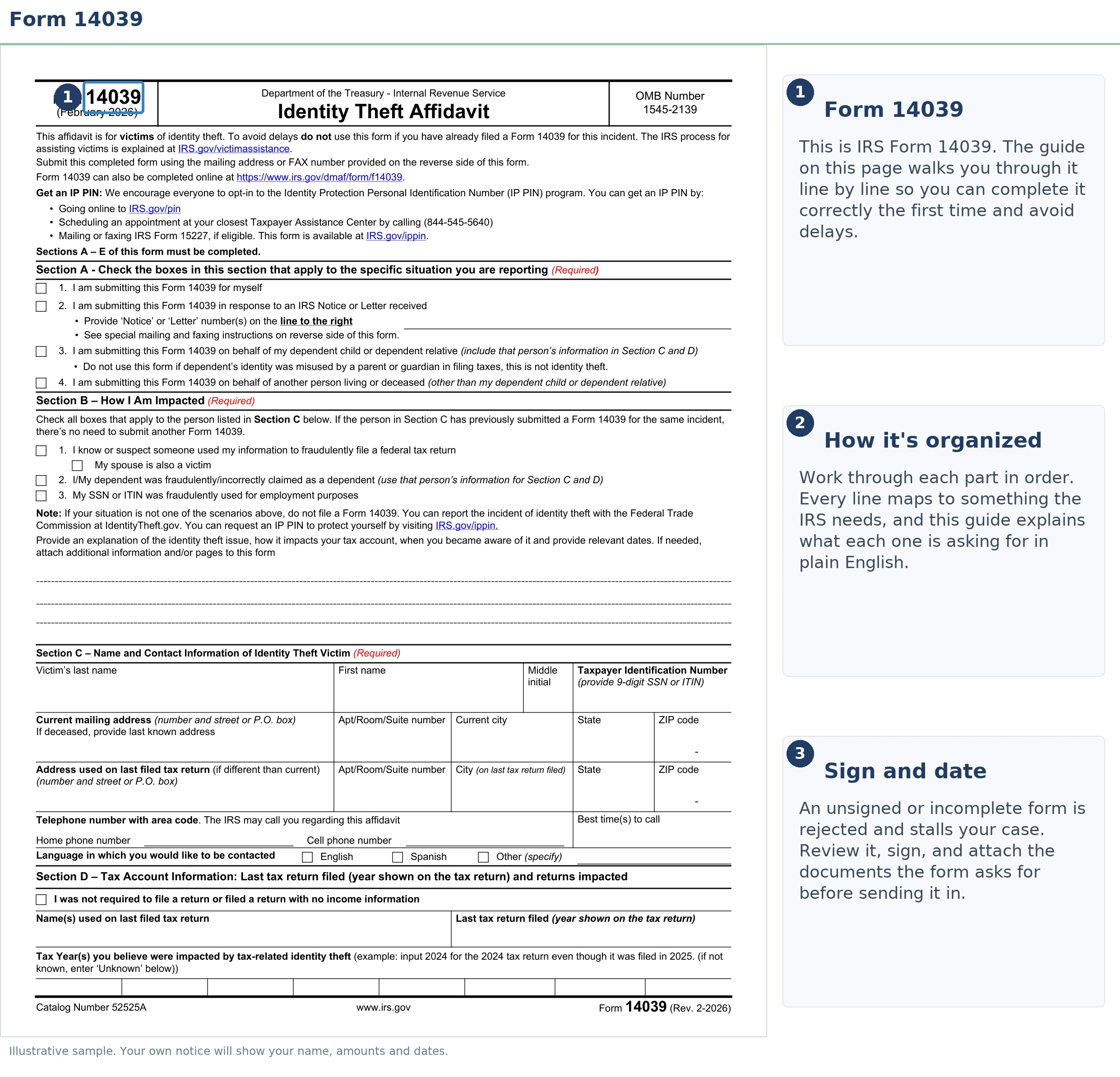 An exact sample of the IRS Form 14039 with the key parts highlighted.