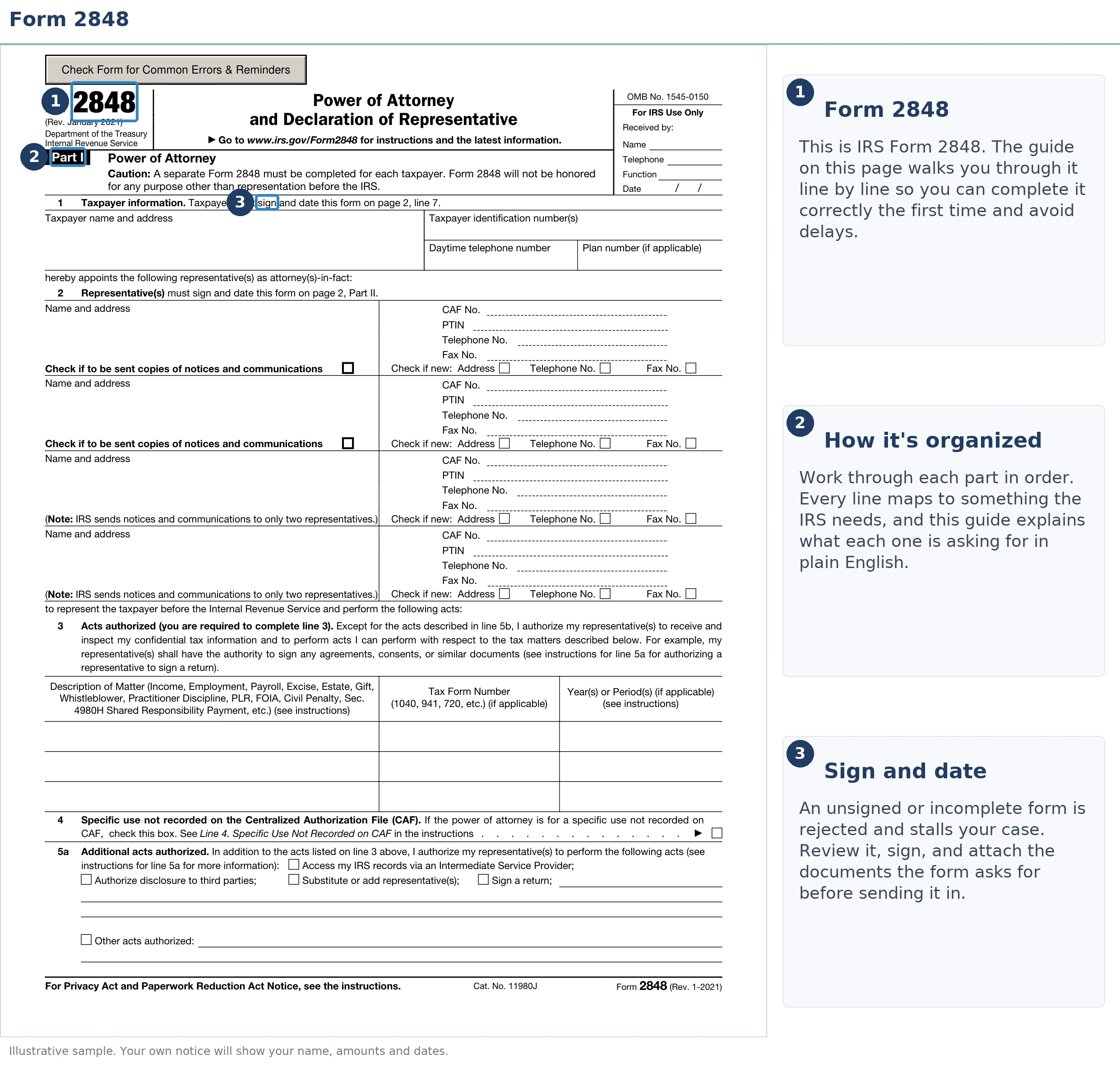 An exact sample of the IRS Form 2848 with the key parts highlighted.