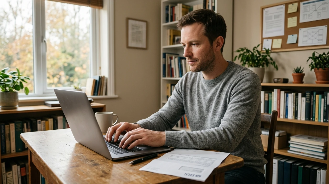 A person reviewing an IRS Form 4180 at home.