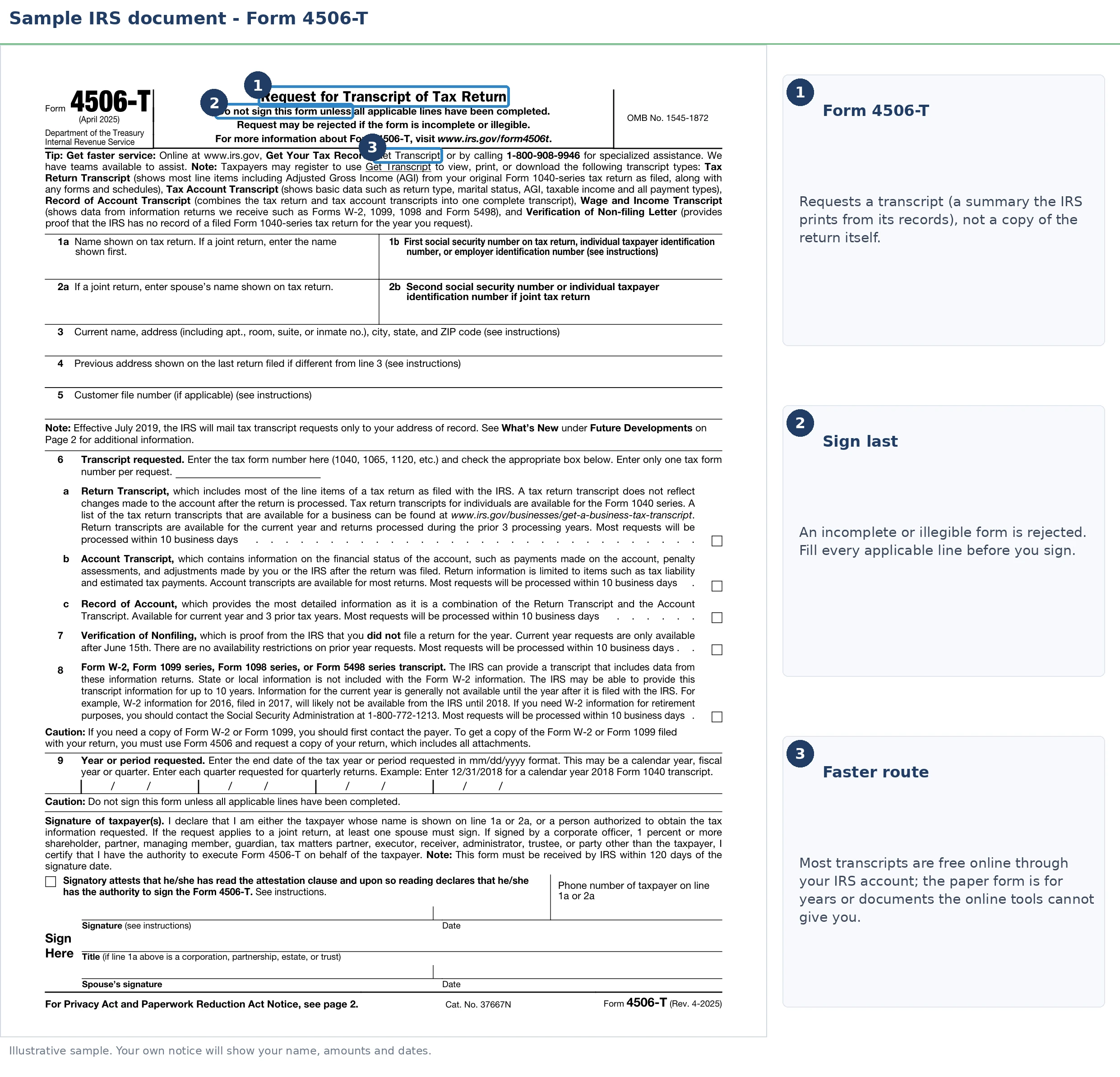 An exact sample of the IRS Form 4506 with the key parts highlighted.