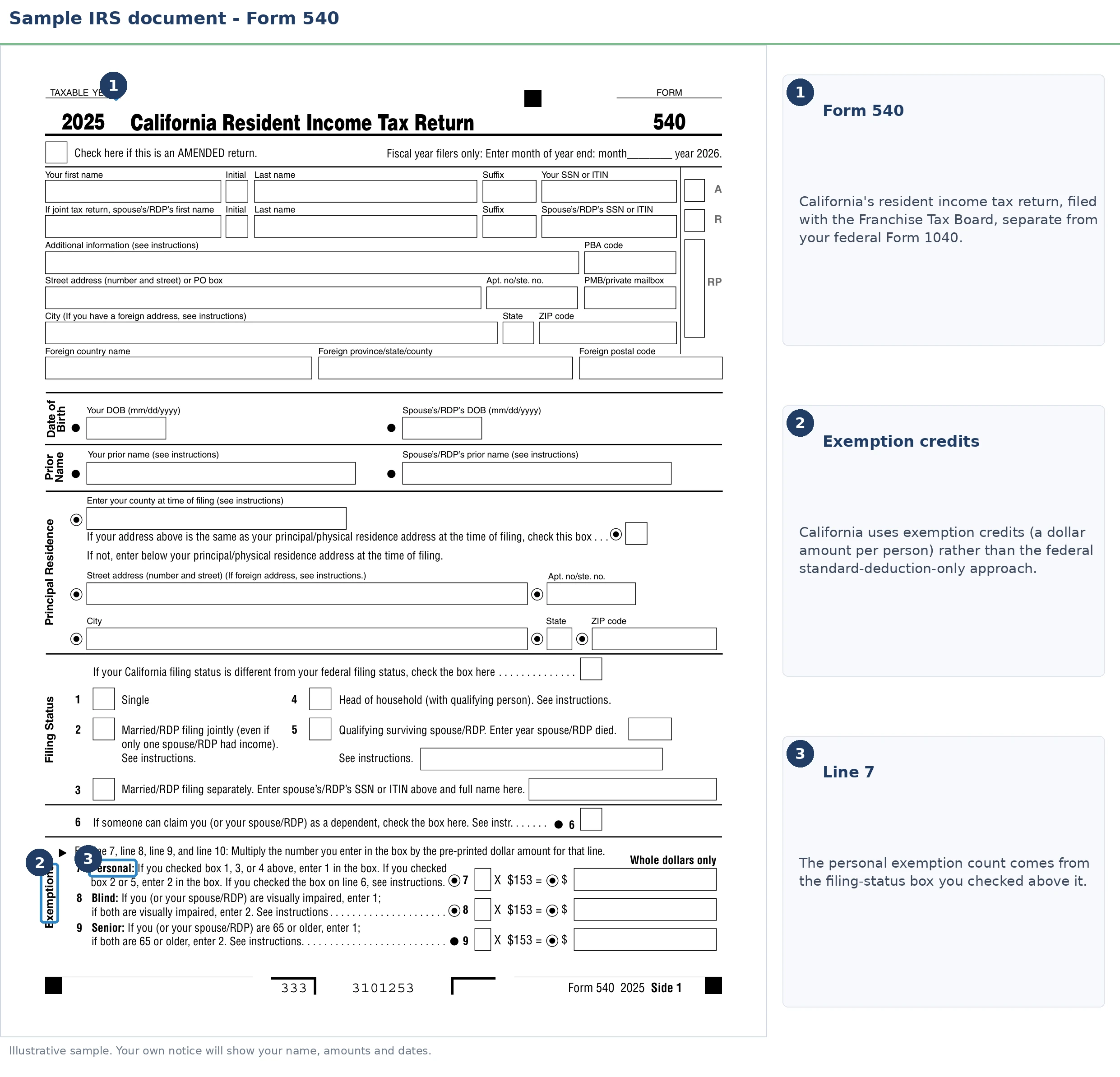 An exact sample of the IRS Form 540 with the key parts highlighted.
