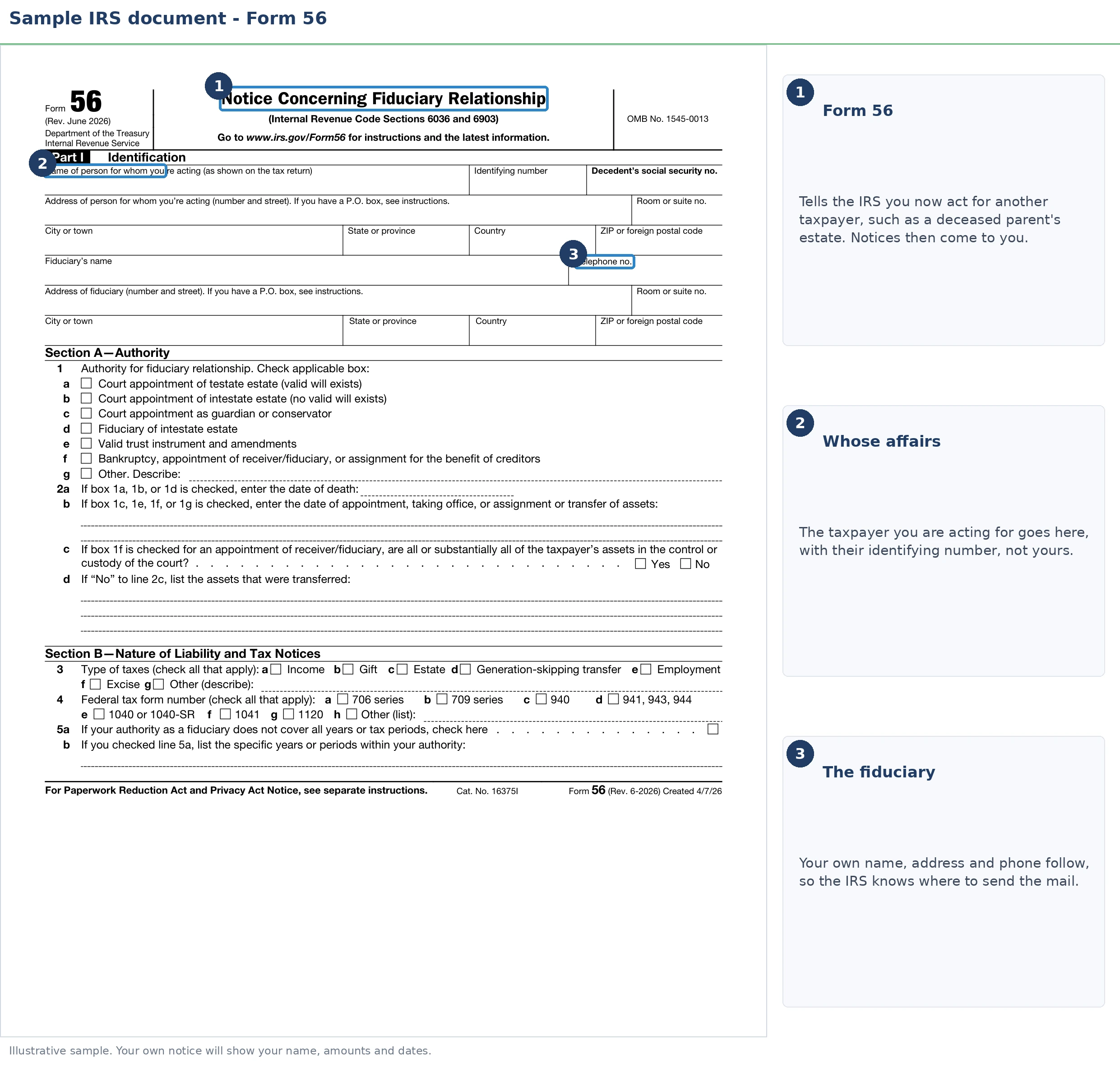 An exact sample of the IRS Form 56 with the key parts highlighted.