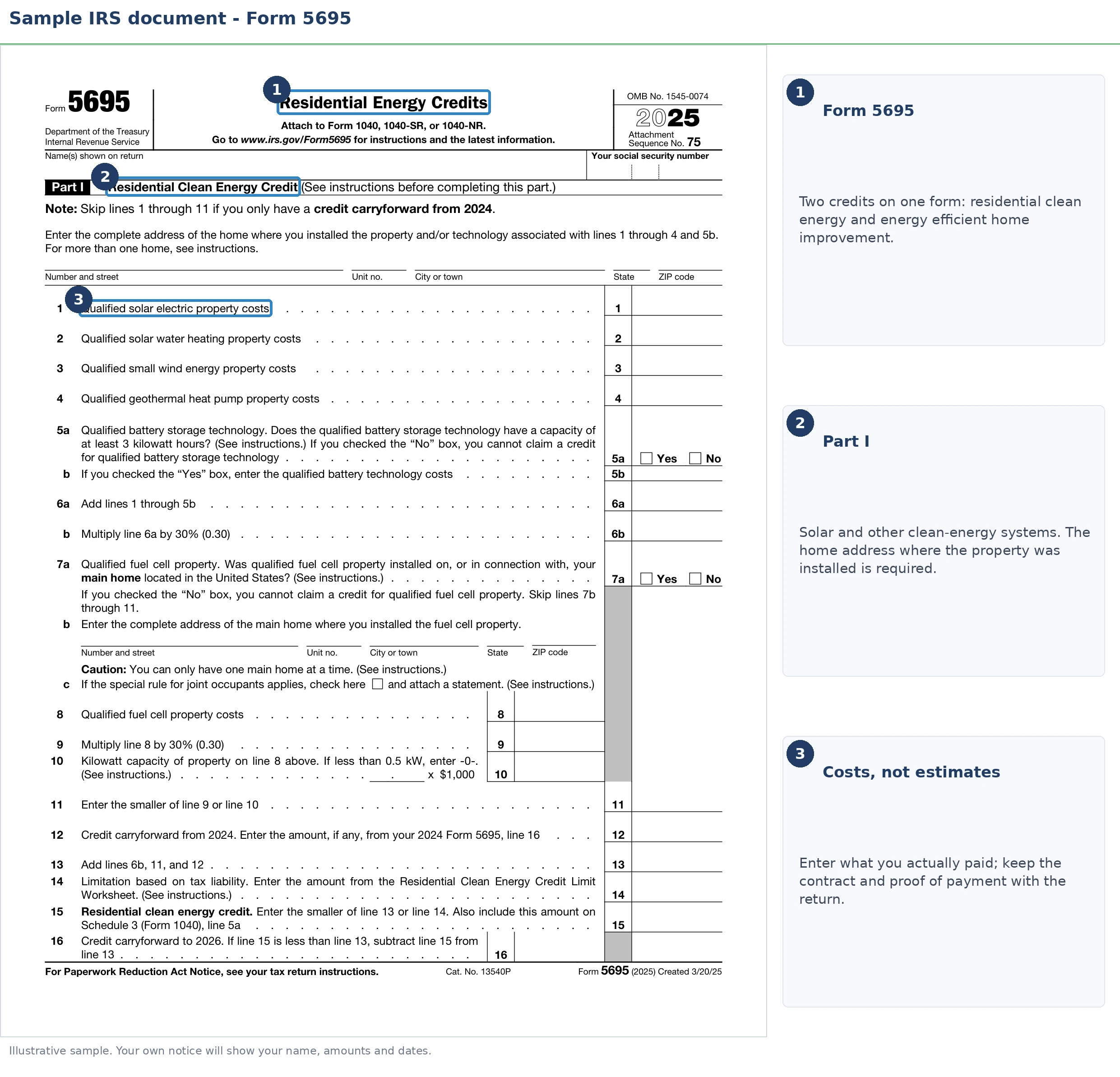 An exact sample of the IRS Form 5695 with the key parts highlighted.