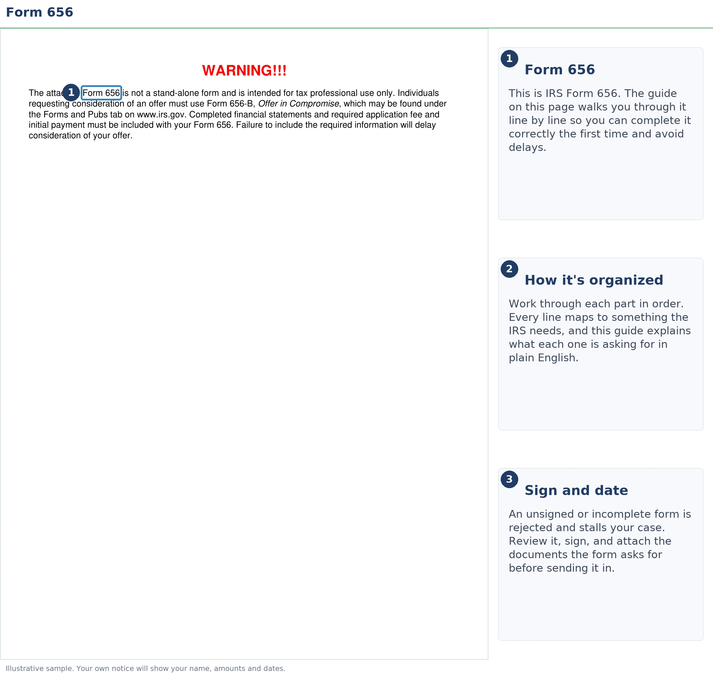 An exact sample of the IRS Form 656 with the key parts highlighted.