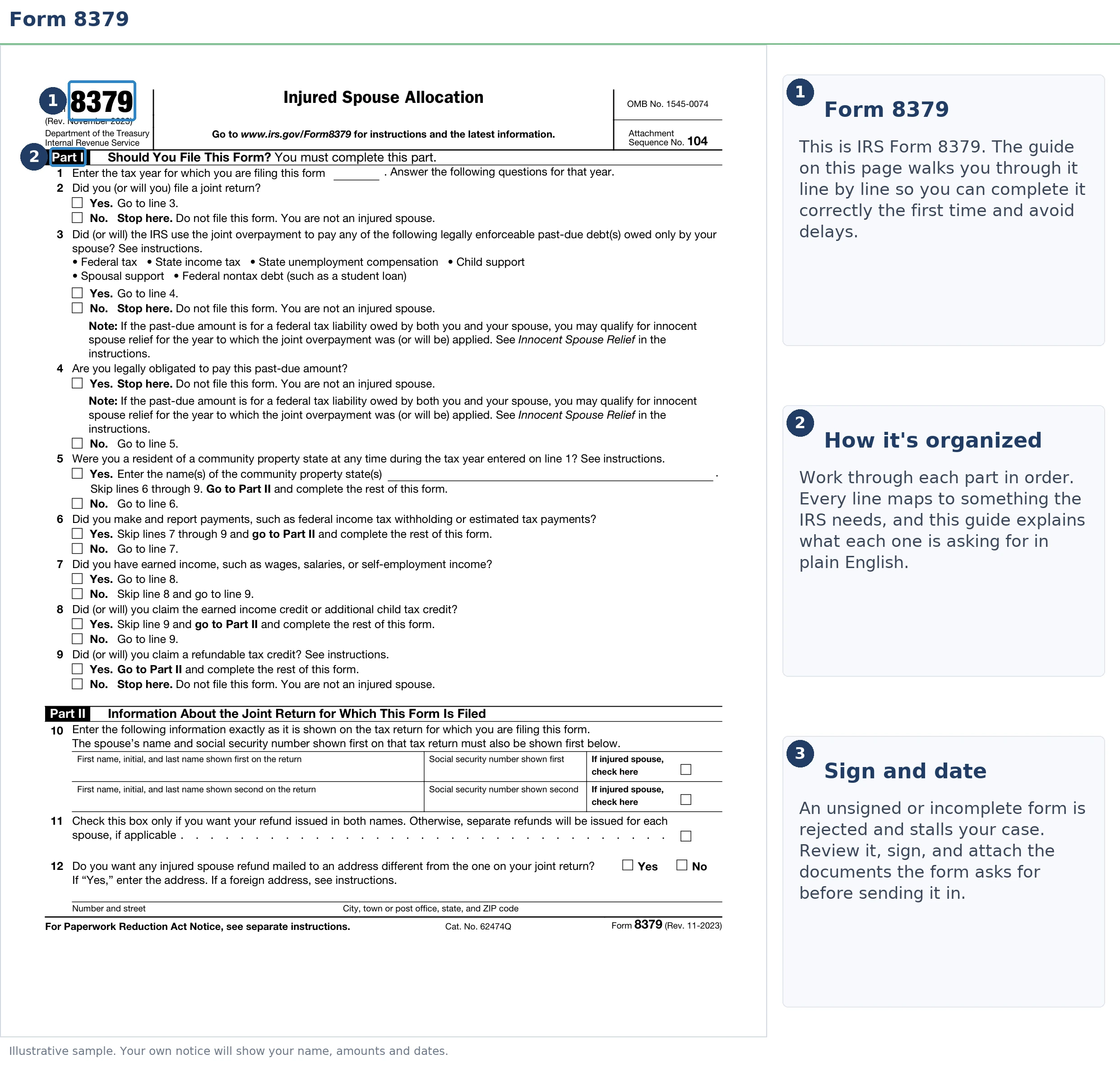 An exact sample of the IRS Form 8379 with the key parts highlighted.