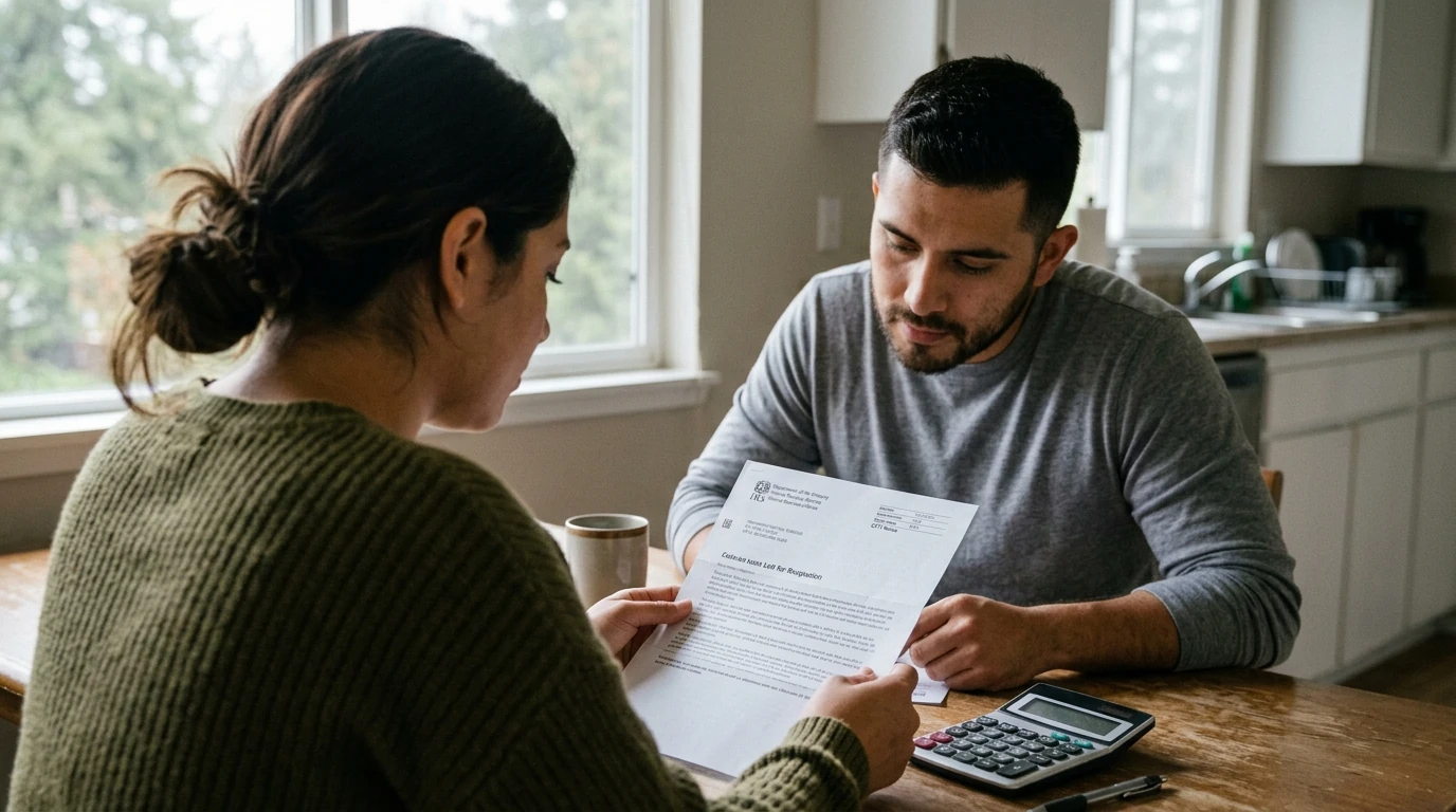 A person reviewing an IRS Form 8379 at home.