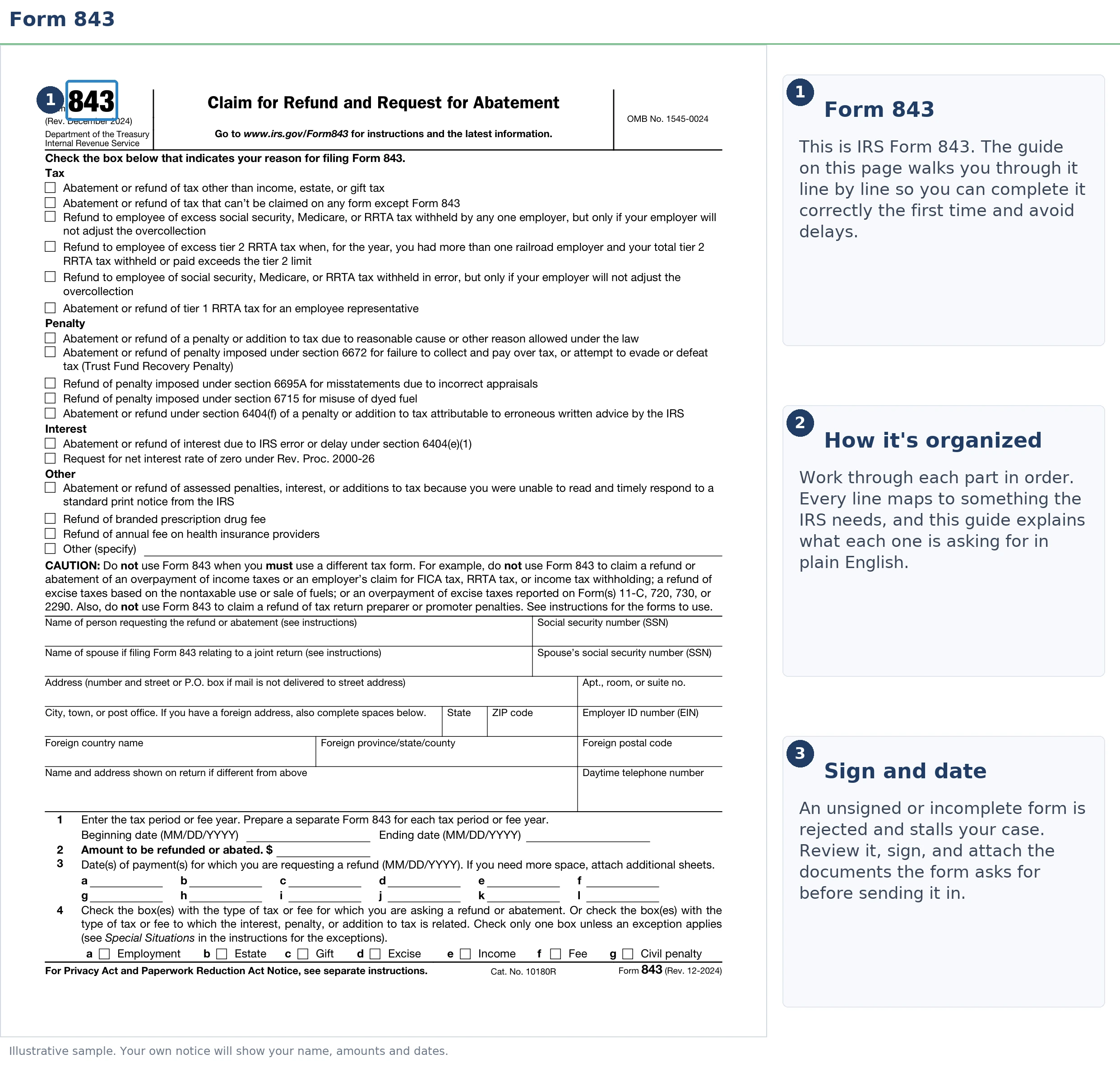 An exact sample of the IRS Form 843 with the key parts highlighted.