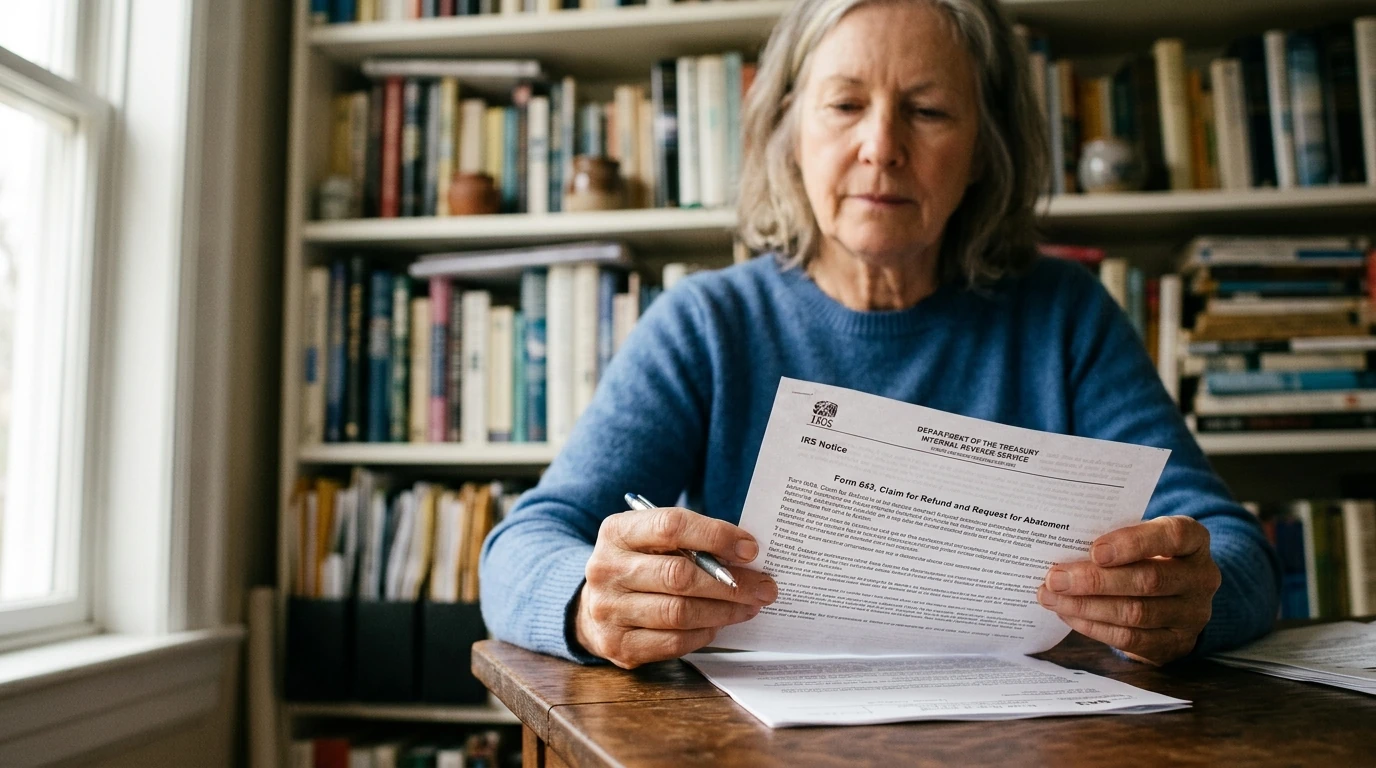 A person reviewing an IRS Form 843 at home.