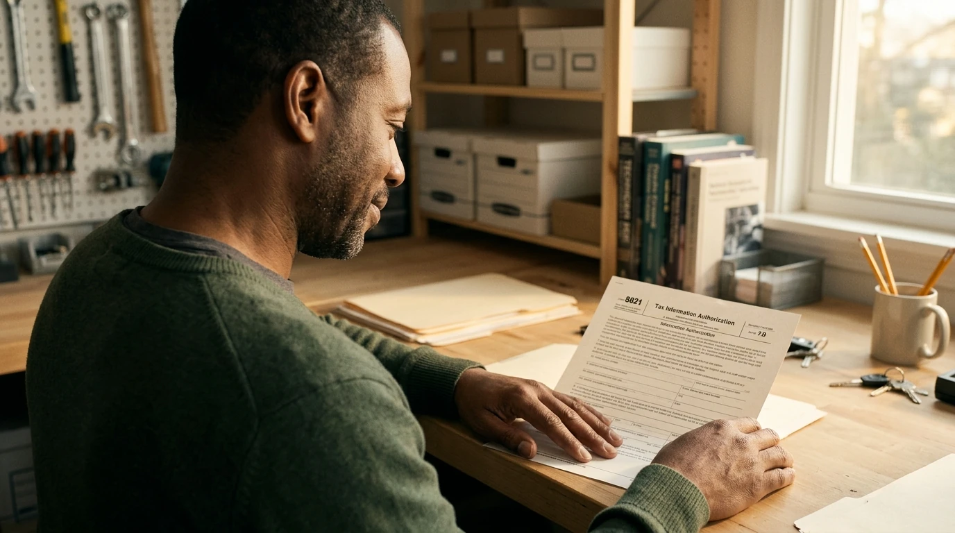 A person reviewing an IRS Form 8821 at home.