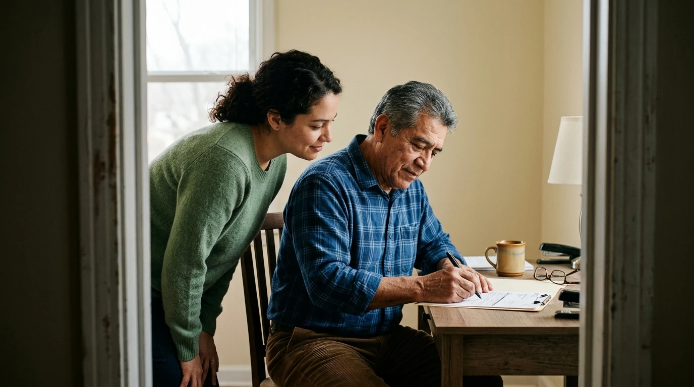 A person reviewing an IRS Form 8857 at home.