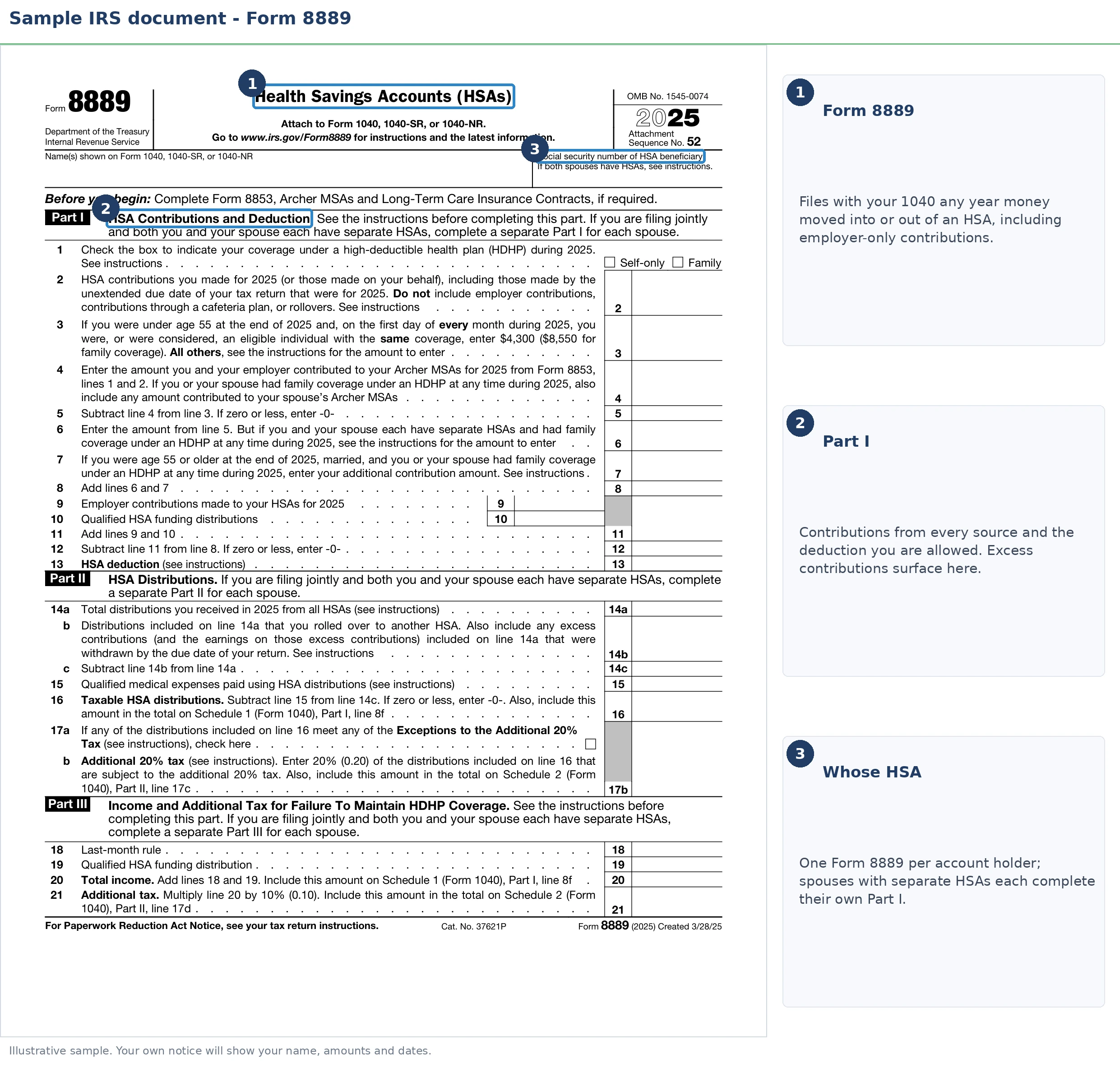 An exact sample of the IRS Form 8889 with the key parts highlighted.