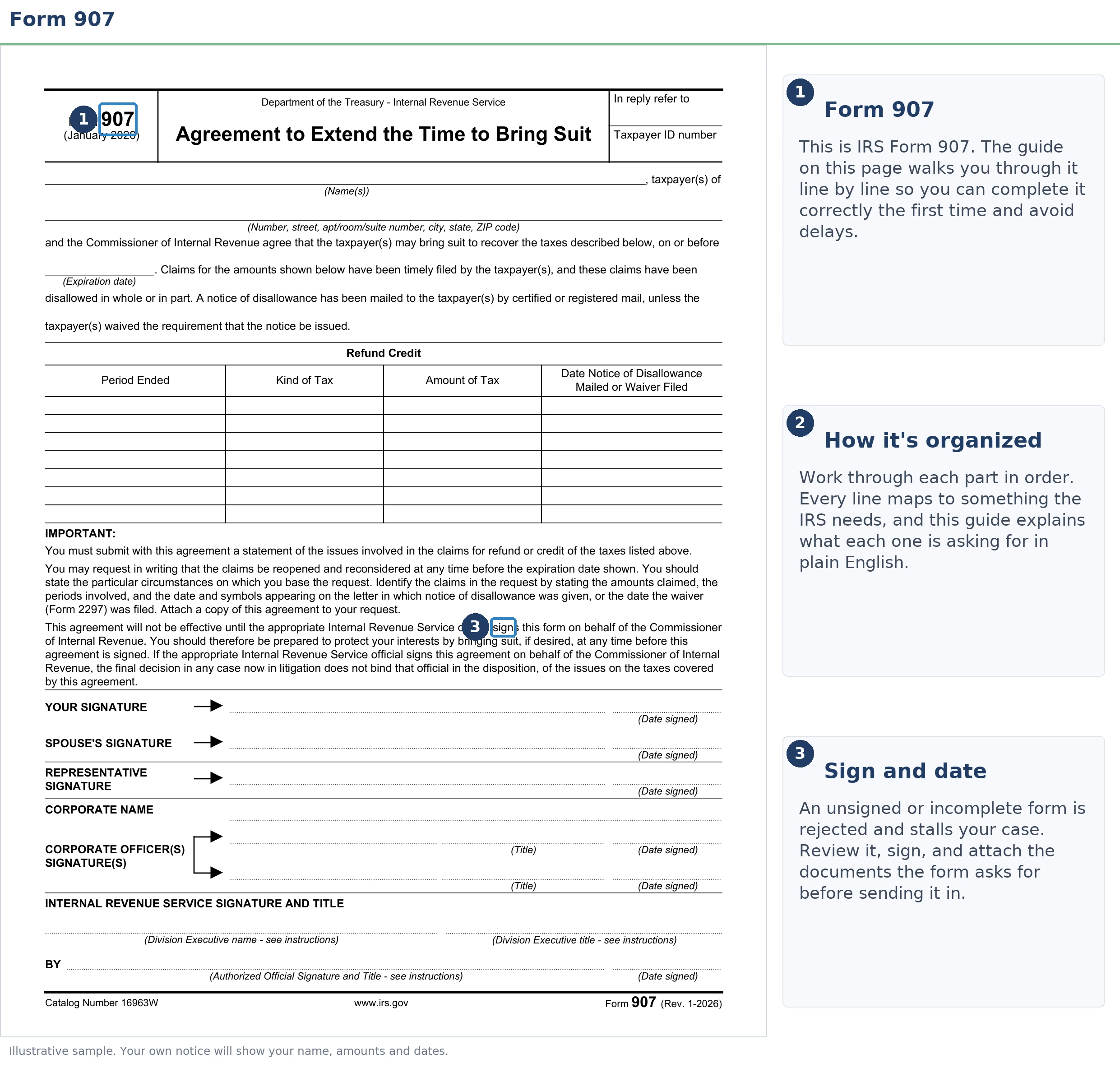 An exact sample of the IRS Form 907 with the key parts highlighted.