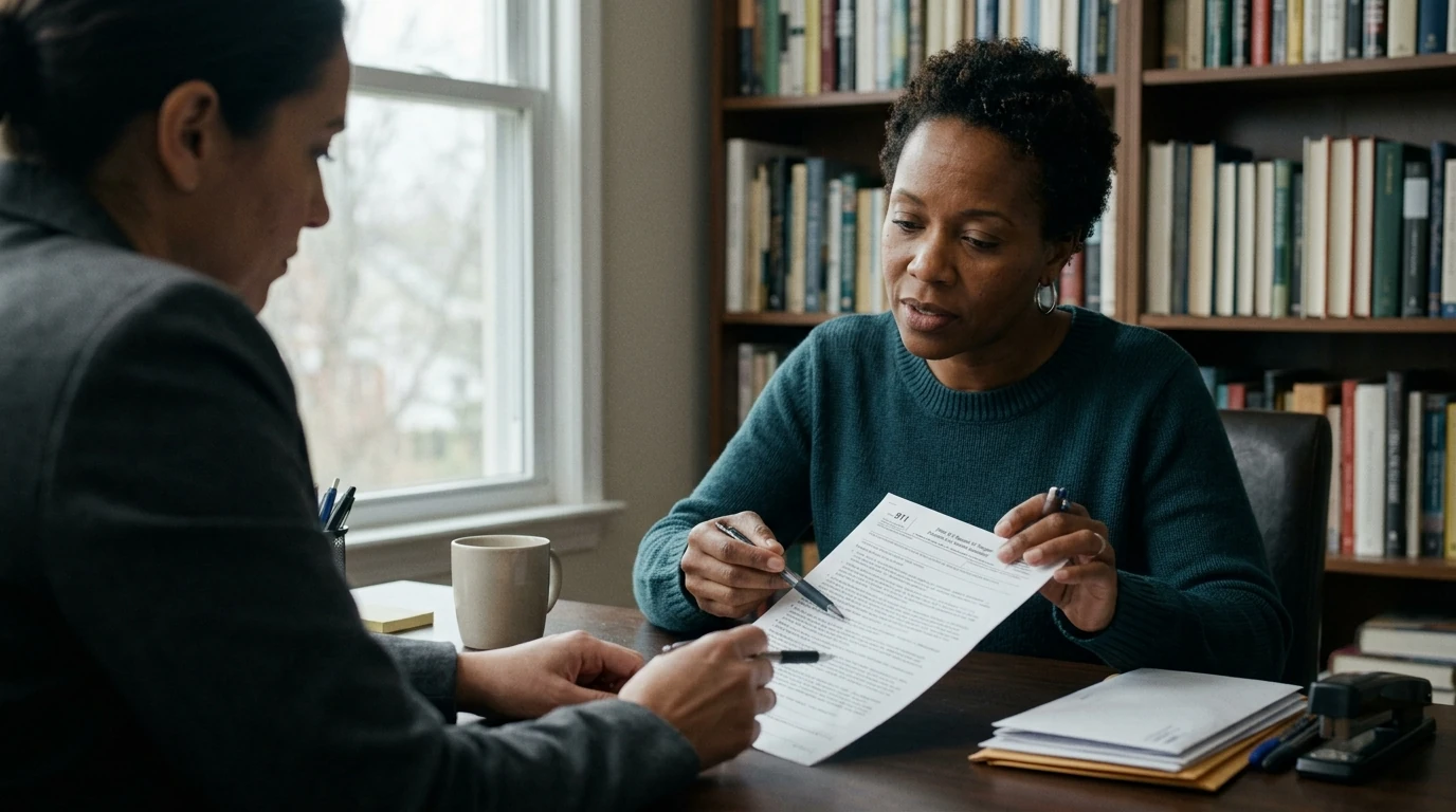 A person reviewing an IRS Form 911 at home.