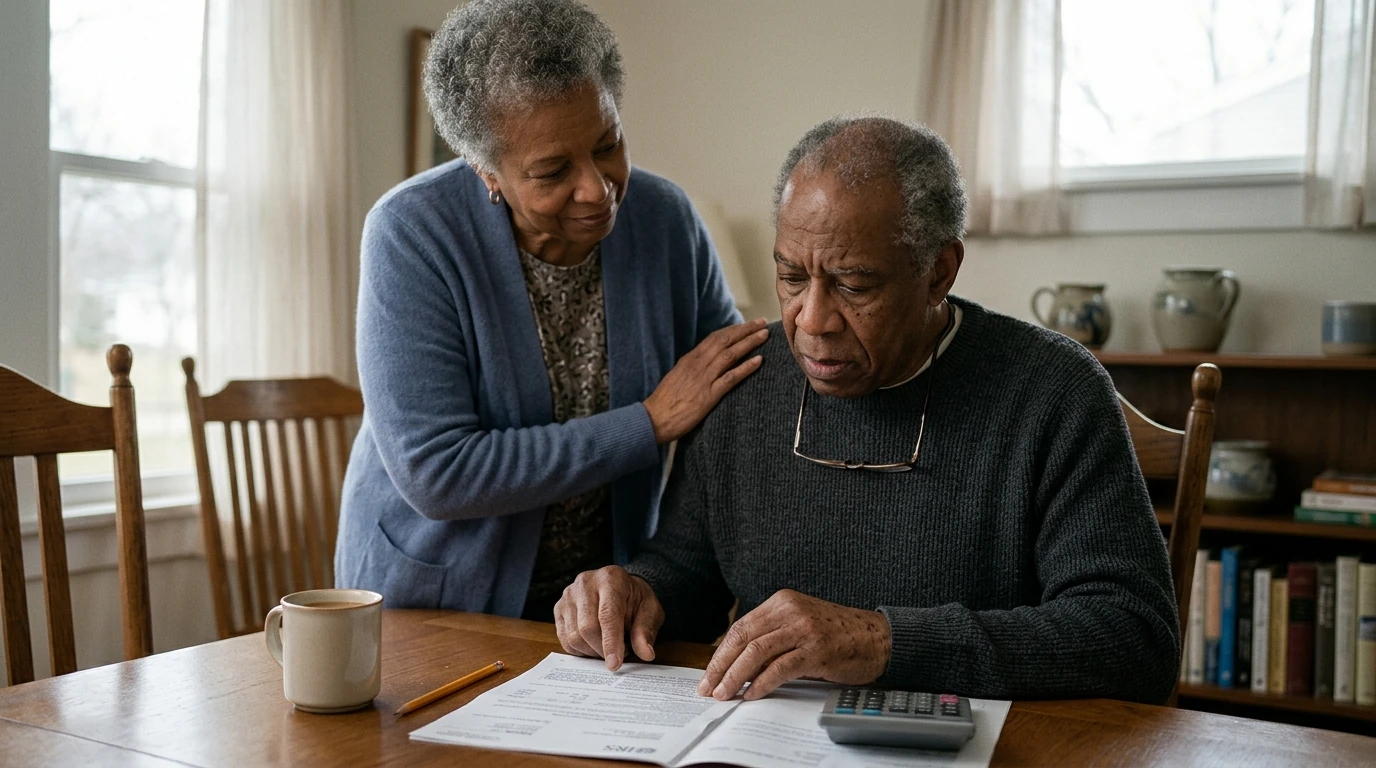 A person reviewing an IRS Form 982 at home.